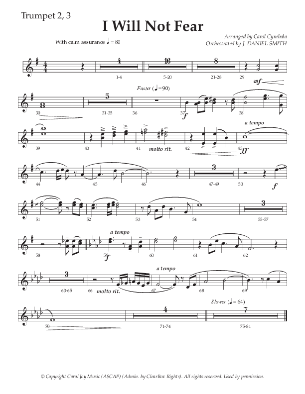 I Will Not Fear (Choral Anthem SATB) Trumpet 2/3 (The Brooklyn Tabernacle Choir / Arr. Carol Cymbala / Orch. J. Daniel Smith)