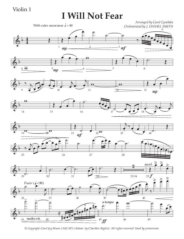 I Will Not Fear (Choral Anthem SATB) Violin 1 (The Brooklyn Tabernacle Choir / Arr. Carol Cymbala / Orch. J. Daniel Smith)