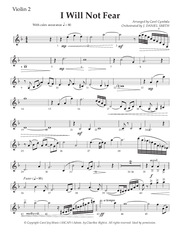 I Will Not Fear (Choral Anthem SATB) Violin 2 (The Brooklyn Tabernacle Choir / Arr. Carol Cymbala / Orch. J. Daniel Smith)