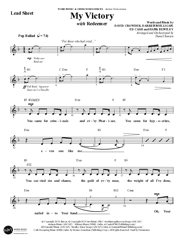My Victory with Redeemer (Choral Anthem SATB) Lead Sheet (Melody) (Word Music Choral / Arr. Daniel Semsen)