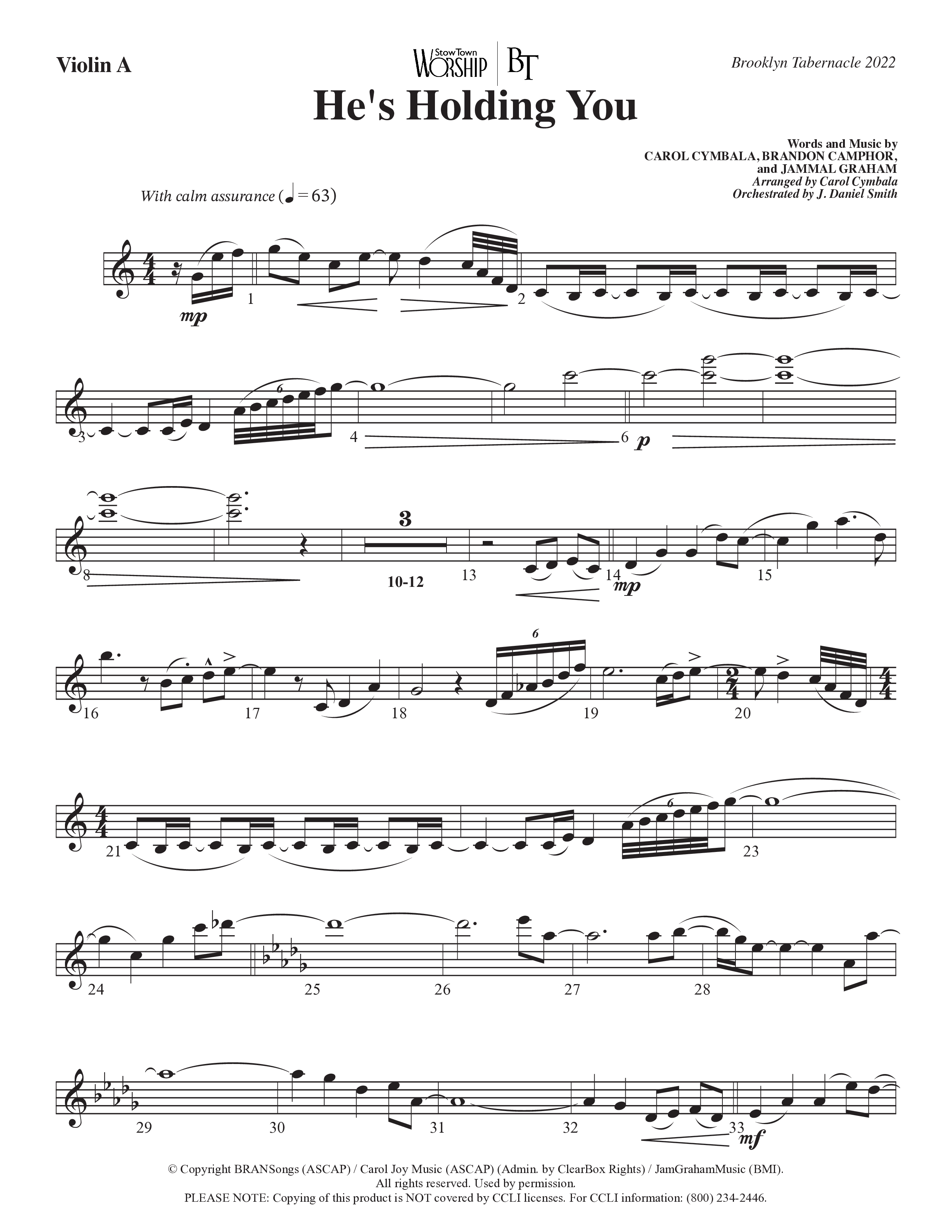 He’s Holding You (Choral Anthem SATB) Violin 1 (The Brooklyn Tabernacle Choir / TaRanda Greene / Arr. Carol Cymbala / Orch. J. Daniel Smith)