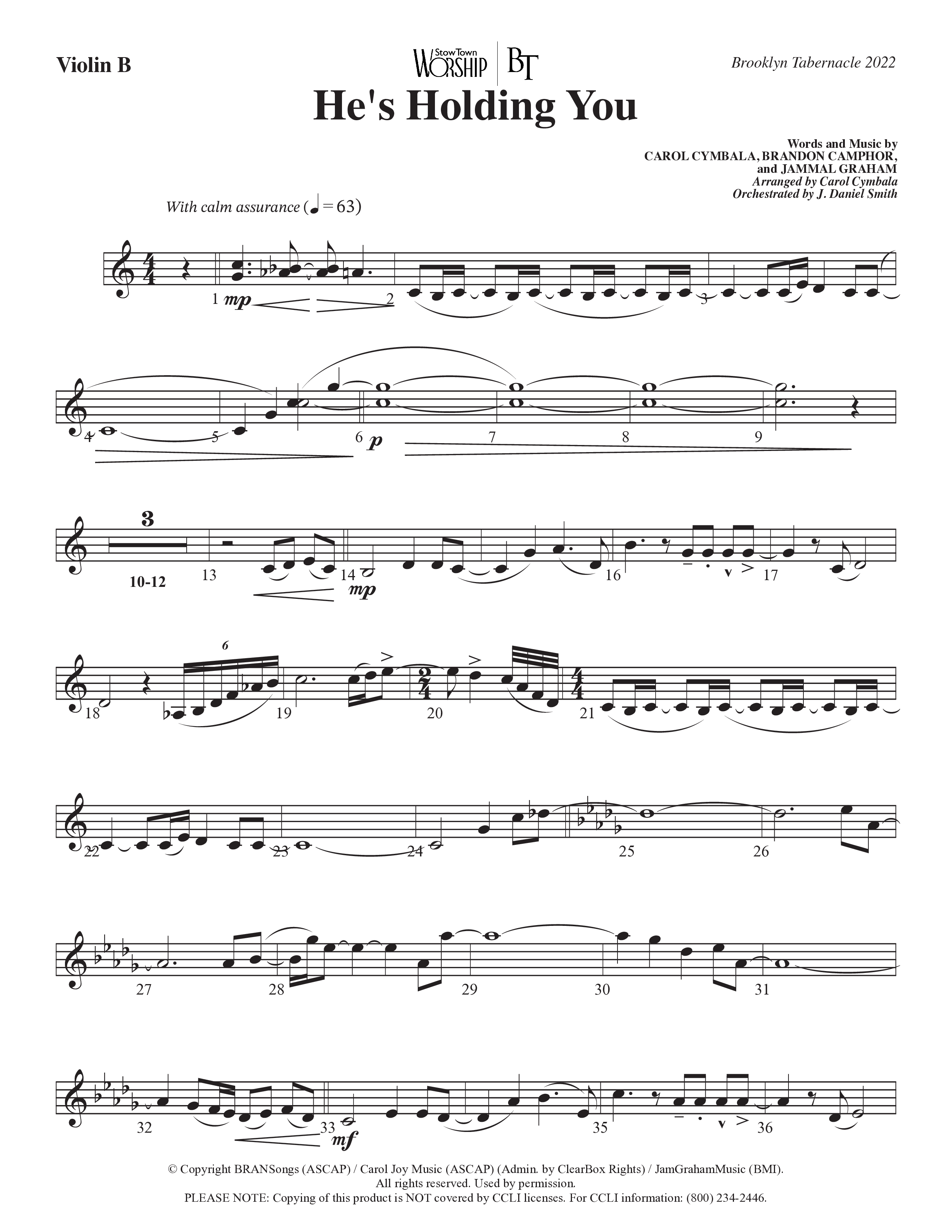 He’s Holding You (Choral Anthem SATB) Violin 2 (The Brooklyn Tabernacle Choir / TaRanda Greene / Arr. Carol Cymbala / Orch. J. Daniel Smith)