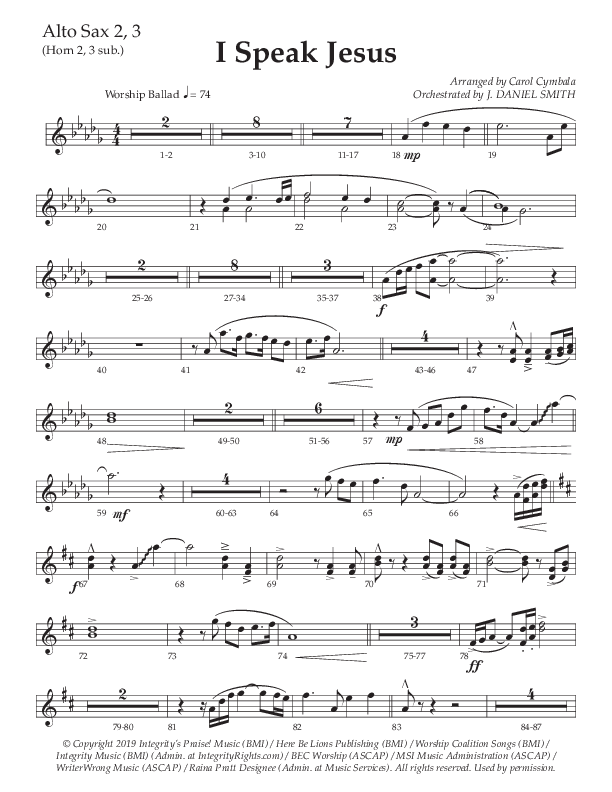I Speak Jesus (Choral Anthem SATB) Alto Sax 2 (The Brooklyn Tabernacle Choir / Arr. Carol Cymbala / Orch. J. Daniel Smith)