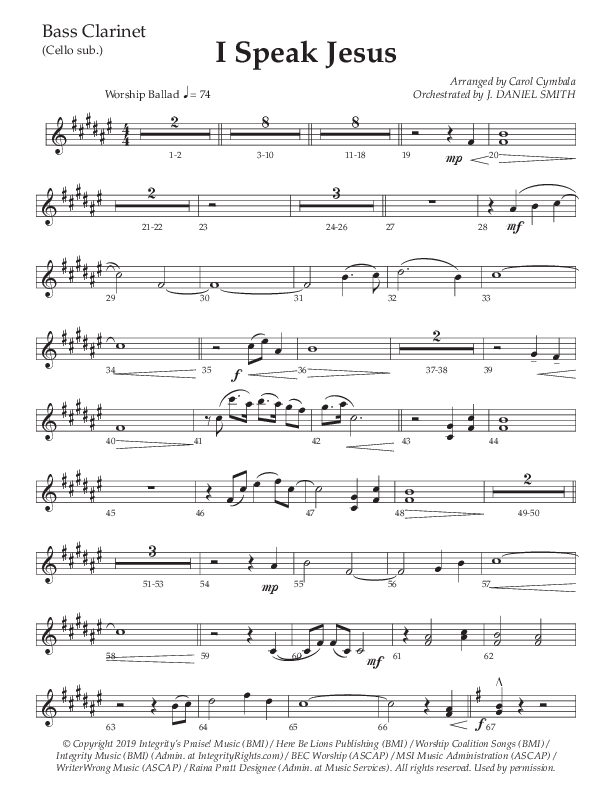 I Speak Jesus (Choral Anthem SATB) Bass Clarinet (The Brooklyn Tabernacle Choir / Arr. Carol Cymbala / Orch. J. Daniel Smith)