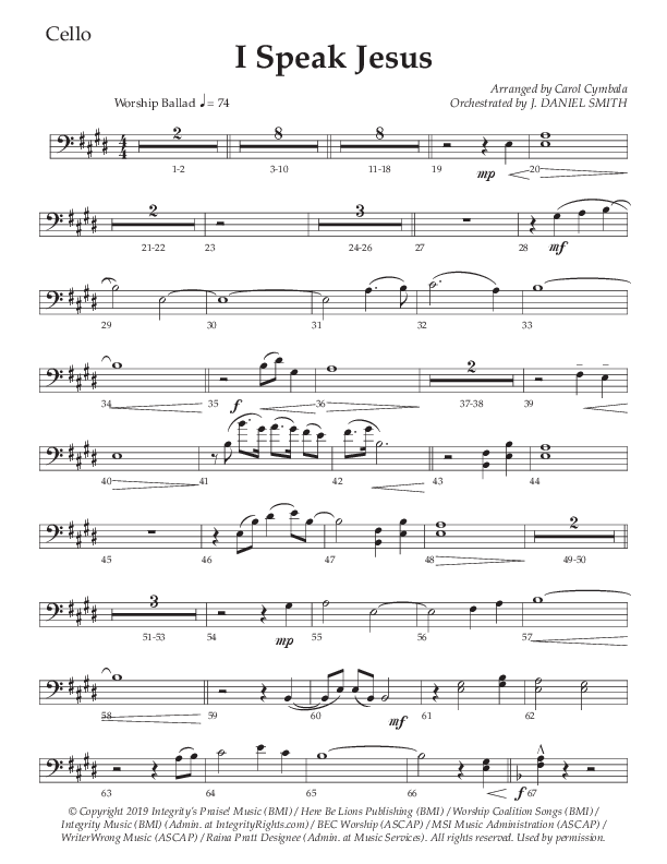 I Speak Jesus (Choral Anthem SATB) Cello (The Brooklyn Tabernacle Choir / Arr. Carol Cymbala / Orch. J. Daniel Smith)
