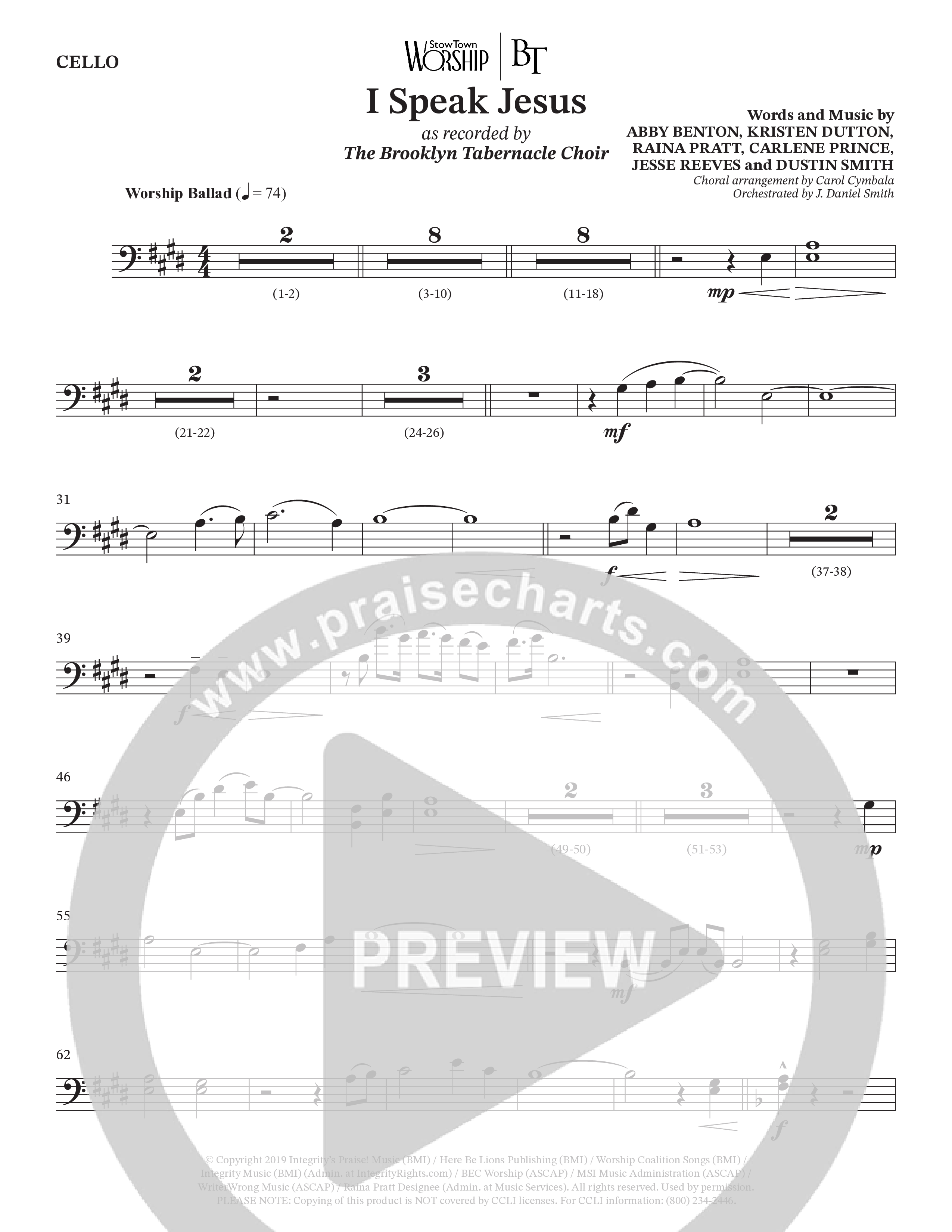 I Speak Jesus (Choral Anthem SATB) Cello (The Brooklyn Tabernacle Choir / Arr. Carol Cymbala / Orch. J. Daniel Smith)