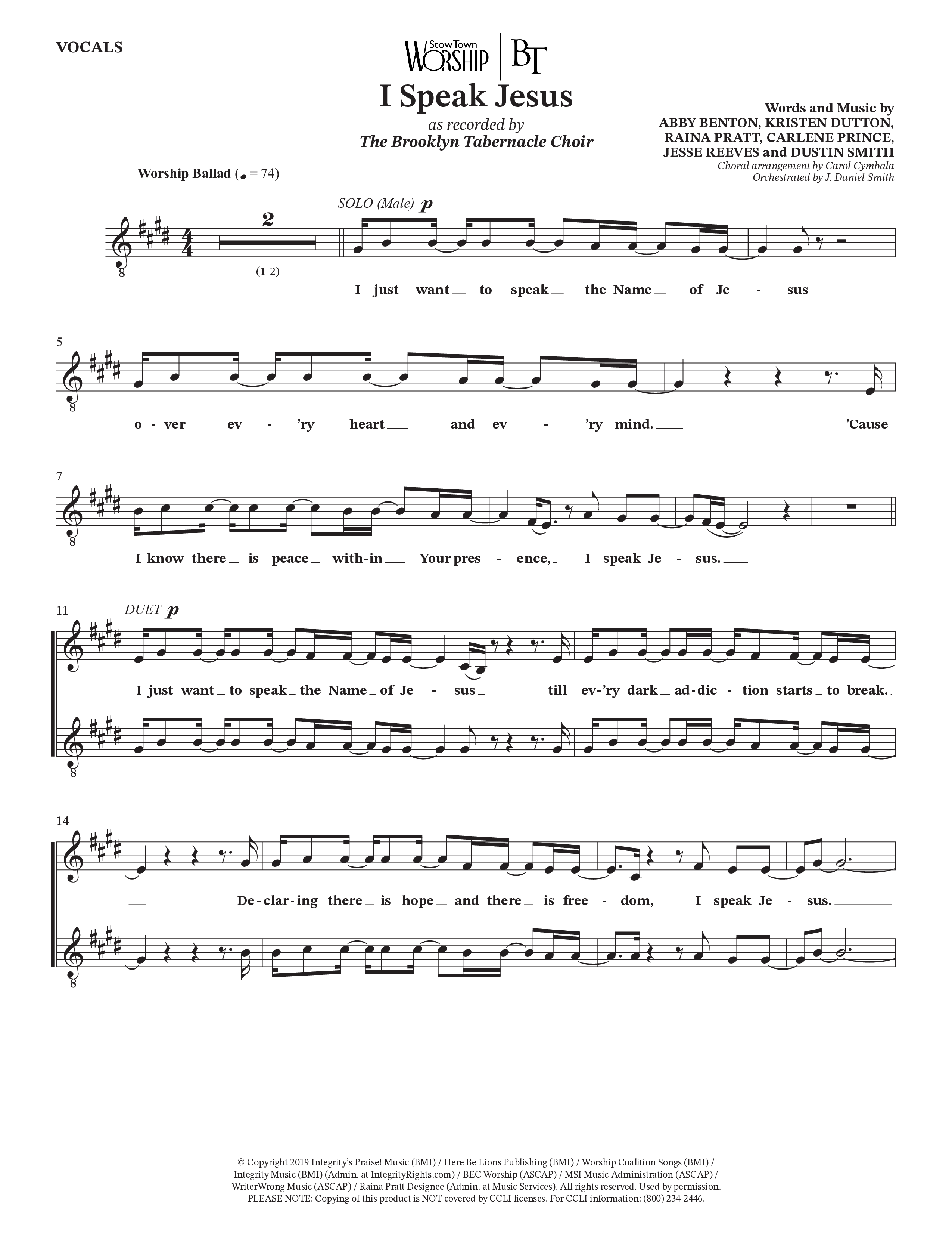I Speak Jesus (Choral Anthem SATB) Choir Sheet (SATB) (The Brooklyn Tabernacle Choir / Arr. Carol Cymbala / Orch. J. Daniel Smith)