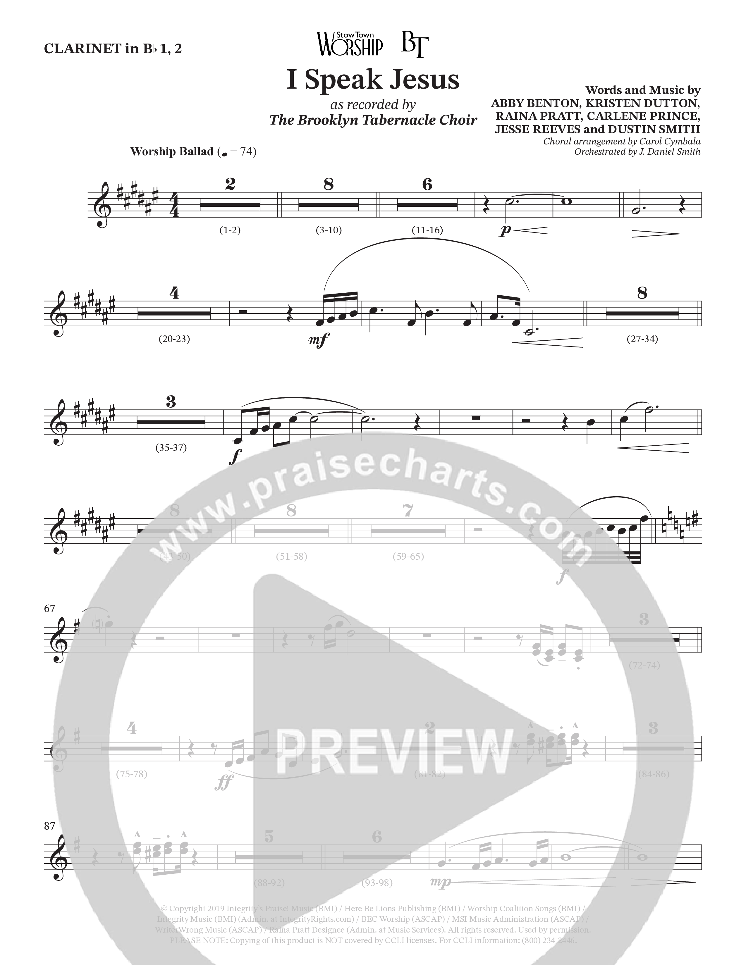 I Speak Jesus (Choral Anthem SATB) Clarinet (The Brooklyn Tabernacle Choir / Arr. Carol Cymbala / Orch. J. Daniel Smith)