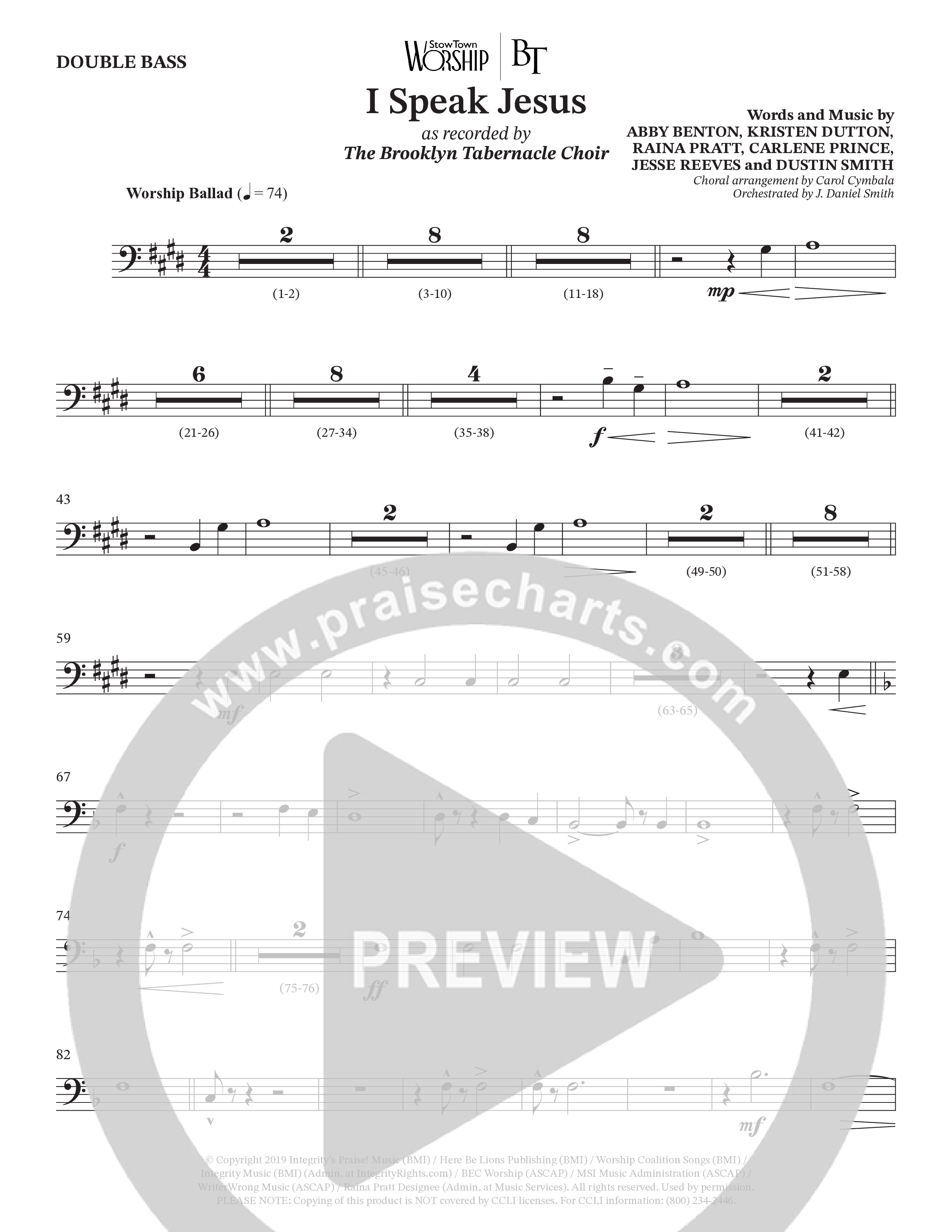 I Speak Jesus (Choral Anthem SATB) Double Bass (The Brooklyn Tabernacle Choir / Arr. Carol Cymbala / Orch. J. Daniel Smith)