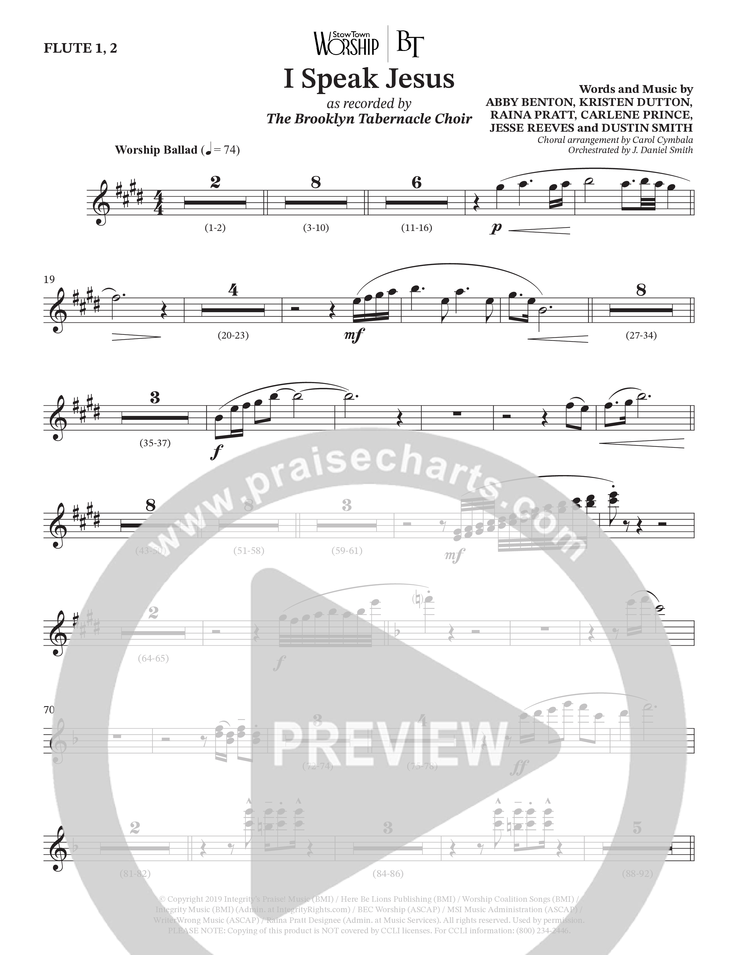 I Speak Jesus (Choral Anthem SATB) Flute 1/2 (The Brooklyn Tabernacle Choir / Arr. Carol Cymbala / Orch. J. Daniel Smith)