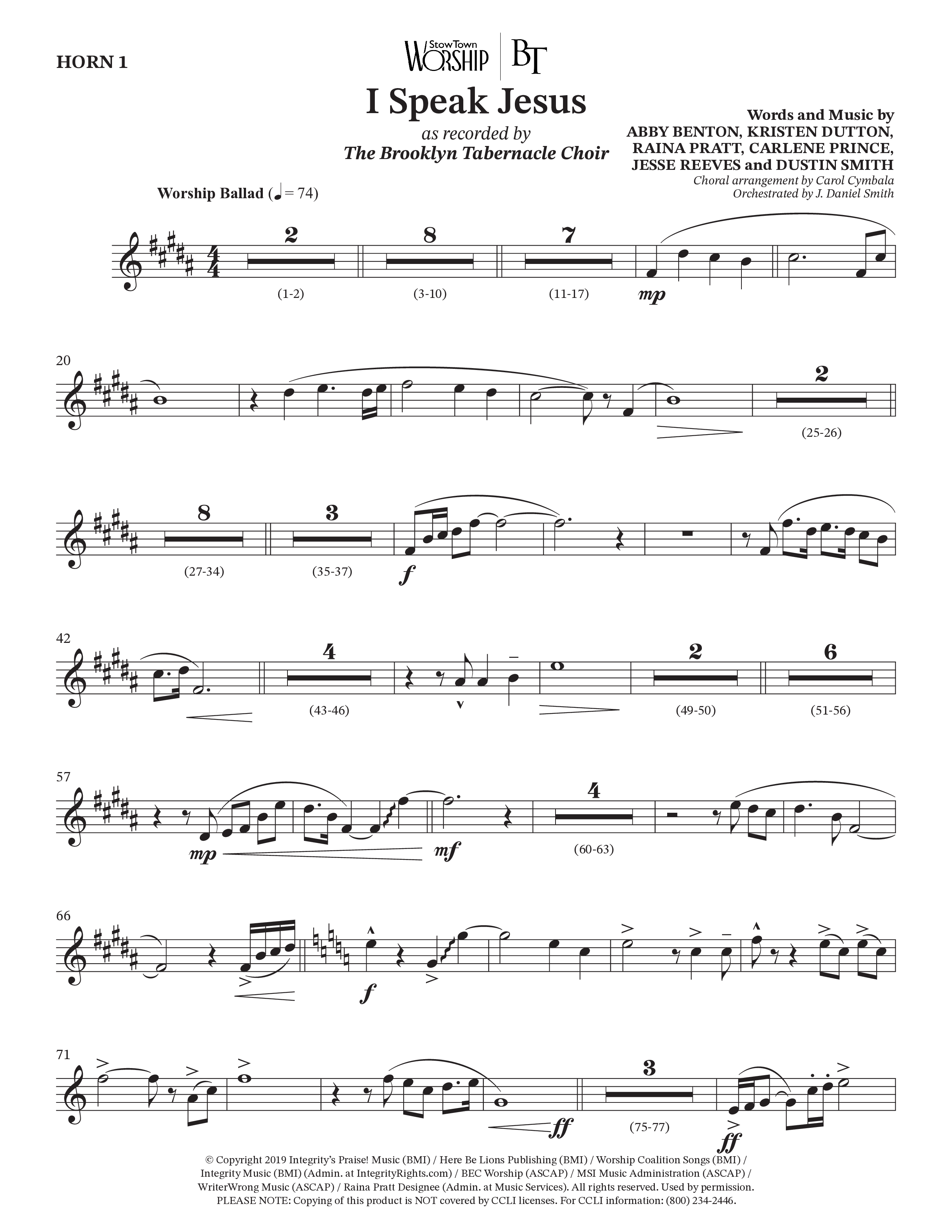 I Speak Jesus (Choral Anthem SATB) French Horn (The Brooklyn Tabernacle Choir / Arr. Carol Cymbala / Orch. J. Daniel Smith)