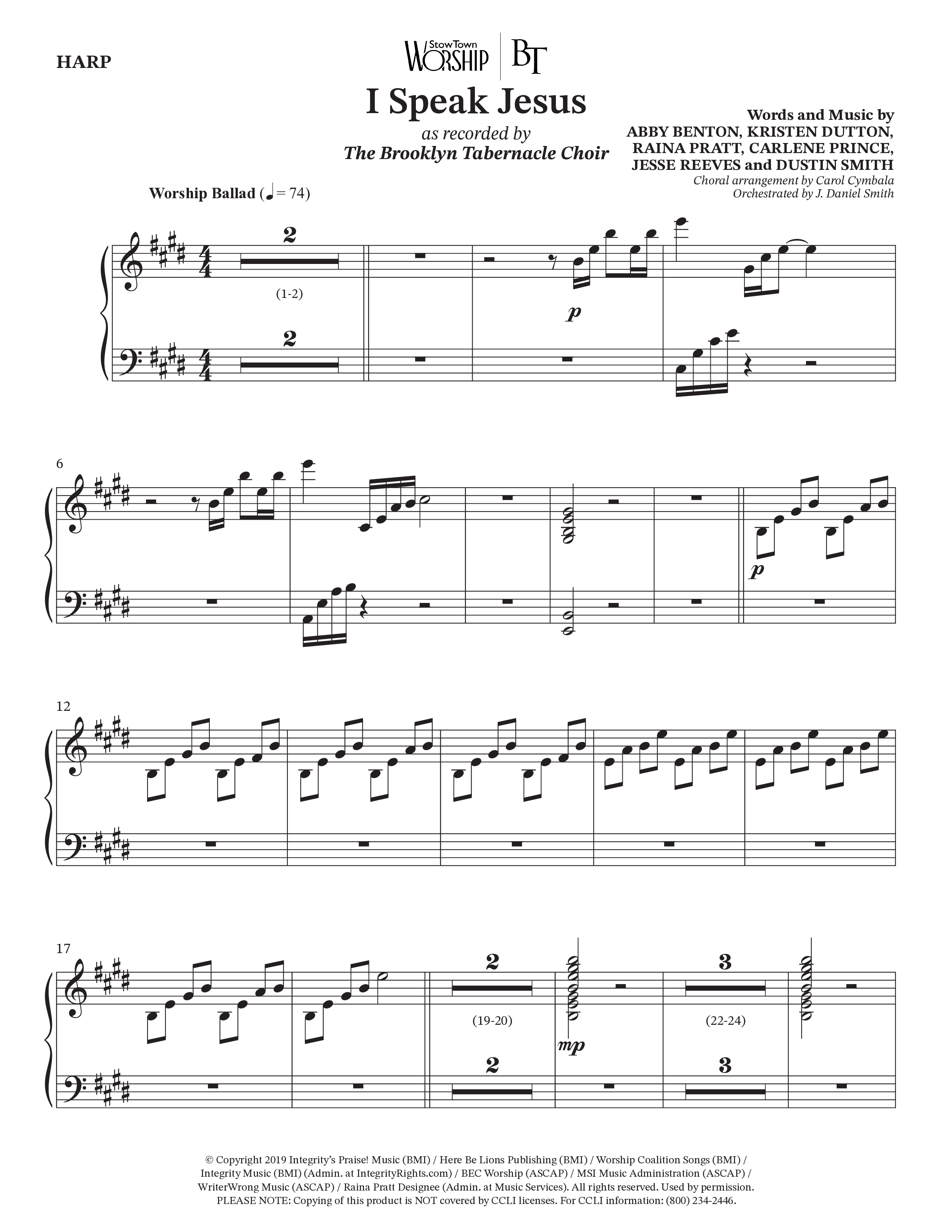 I Speak Jesus (Choral Anthem SATB) Harp (The Brooklyn Tabernacle Choir / Arr. Carol Cymbala / Orch. J. Daniel Smith)