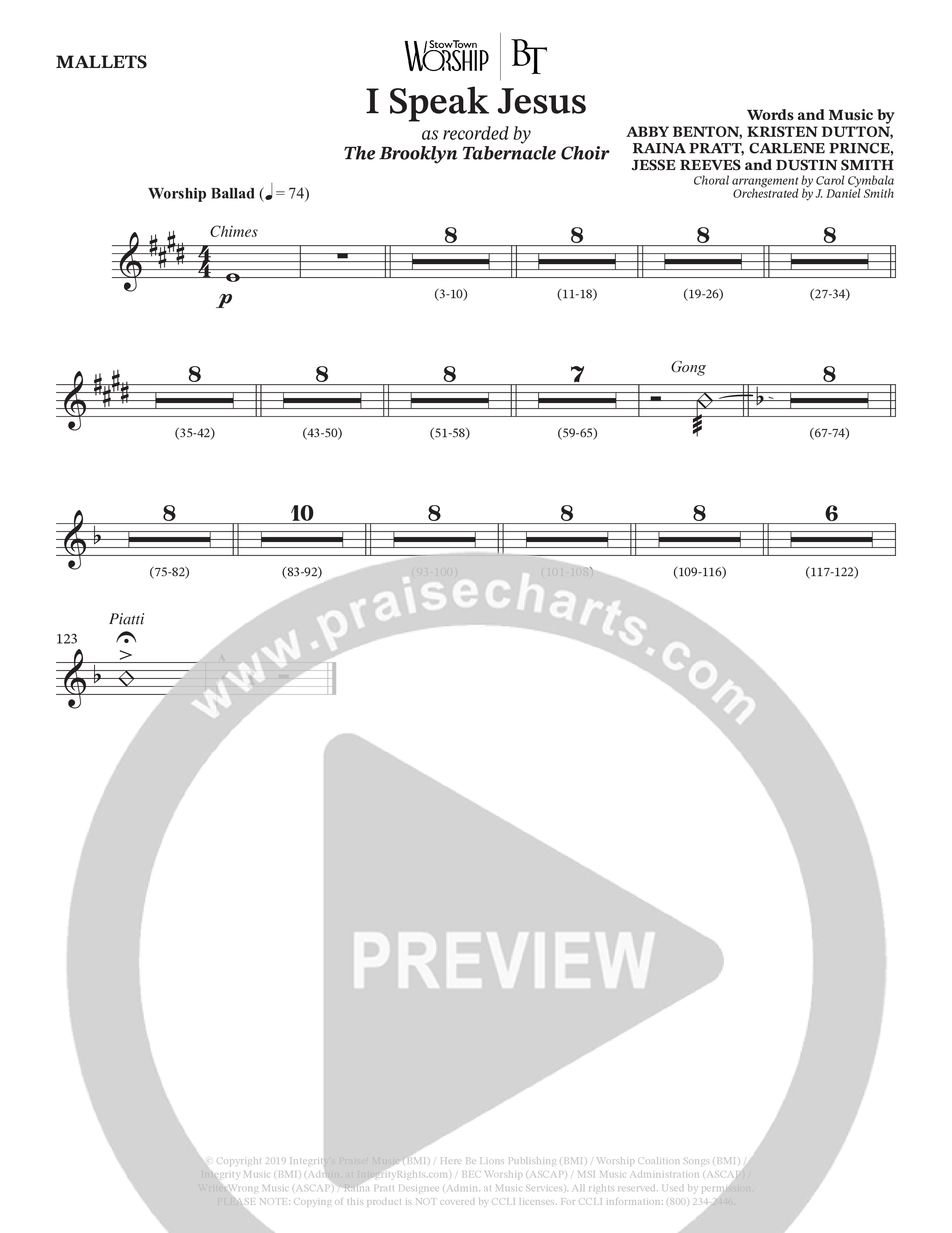 I Speak Jesus (Choral Anthem SATB) Mallets (The Brooklyn Tabernacle Choir / Arr. Carol Cymbala / Orch. J. Daniel Smith)