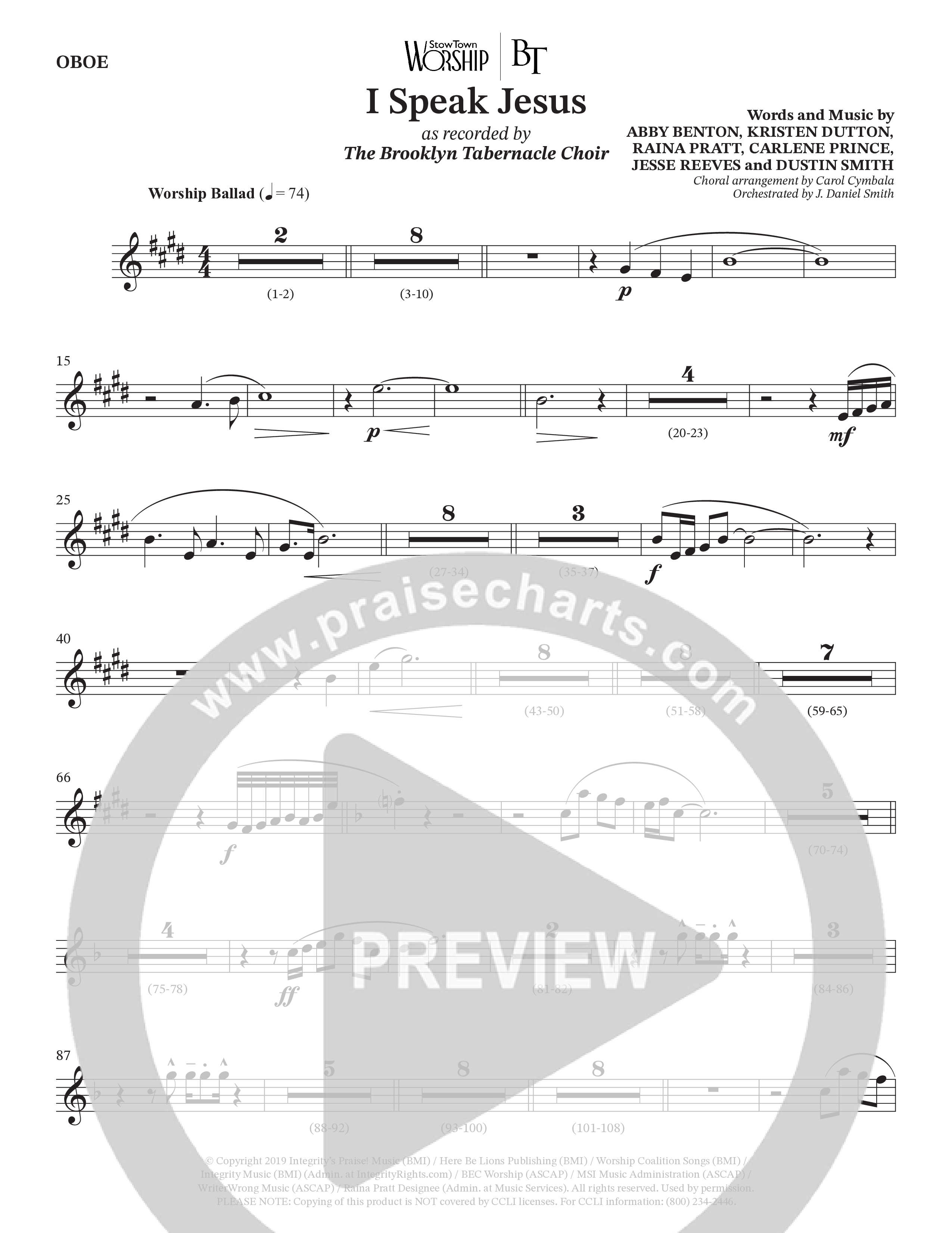 I Speak Jesus (Choral Anthem SATB) Oboe (The Brooklyn Tabernacle Choir / Arr. Carol Cymbala / Orch. J. Daniel Smith)