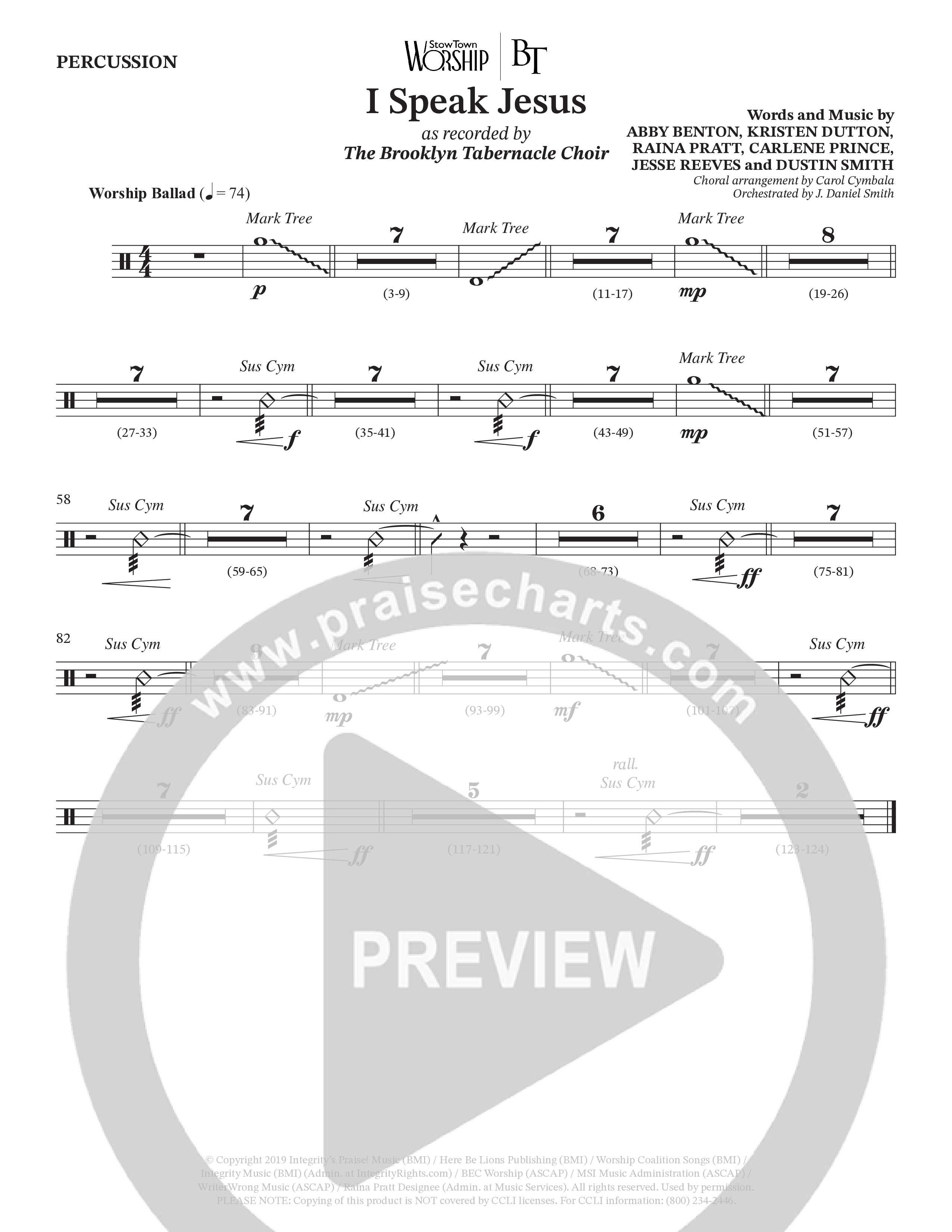 I Speak Jesus (Choral Anthem SATB) Percussion (The Brooklyn Tabernacle Choir / Arr. Carol Cymbala / Orch. J. Daniel Smith)