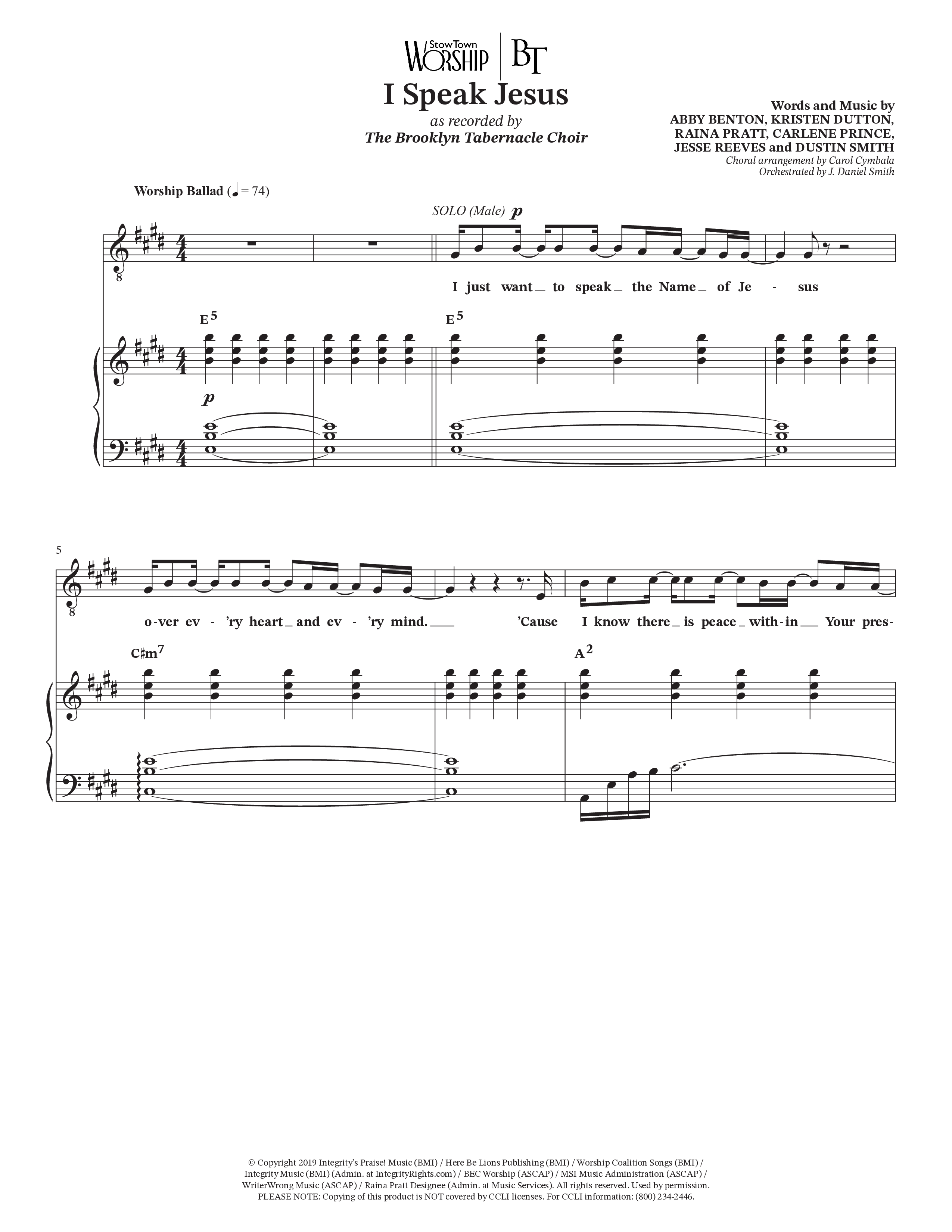 I Speak Jesus (Choral Anthem SATB) Anthem (SATB/Piano) (The Brooklyn Tabernacle Choir / Arr. Carol Cymbala / Orch. J. Daniel Smith)