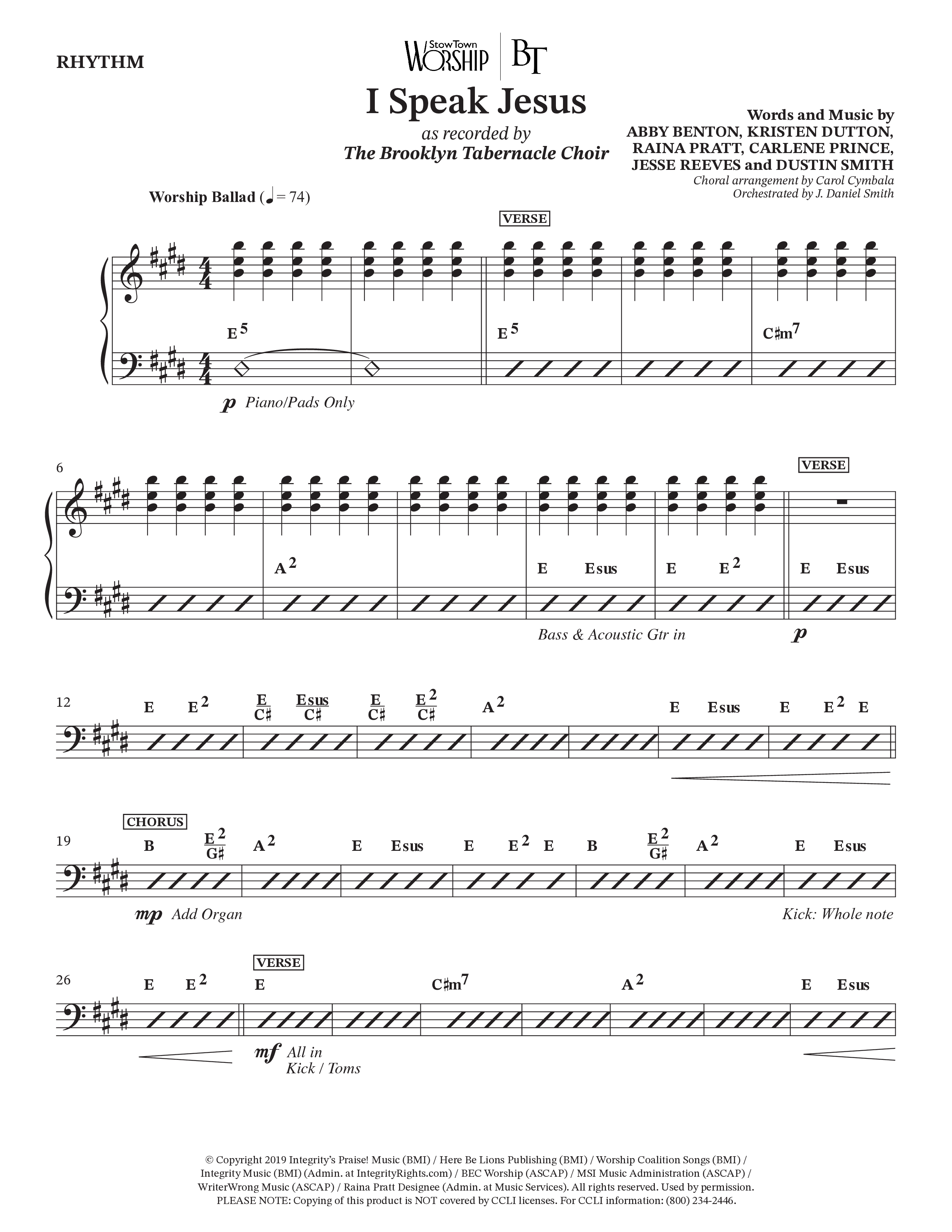 I Speak Jesus (Choral Anthem SATB) Rhythm Chart (The Brooklyn Tabernacle Choir / Arr. Carol Cymbala / Orch. J. Daniel Smith)
