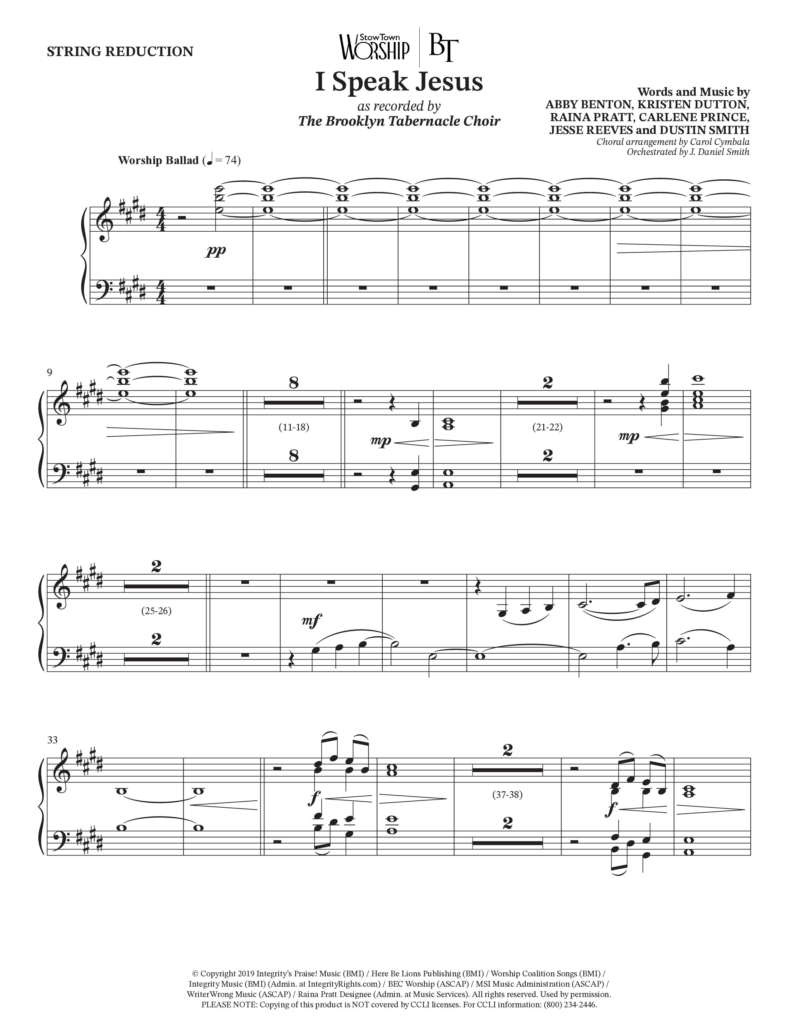I Speak Jesus (Choral Anthem SATB) String Reduction (The Brooklyn Tabernacle Choir / Arr. Carol Cymbala / Orch. J. Daniel Smith)