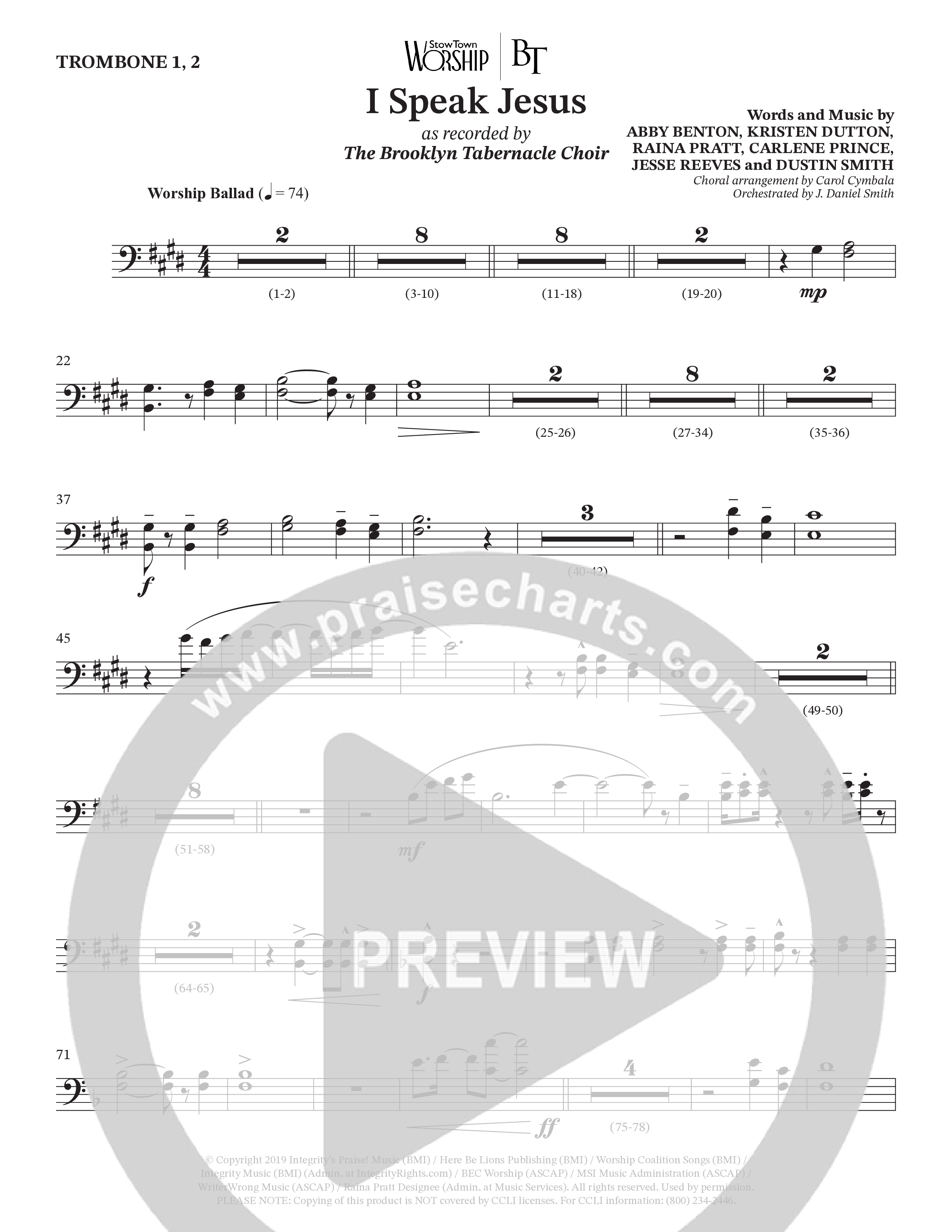I Speak Jesus (Choral Anthem SATB) Trombone 1/2 (The Brooklyn Tabernacle Choir / Arr. Carol Cymbala / Orch. J. Daniel Smith)