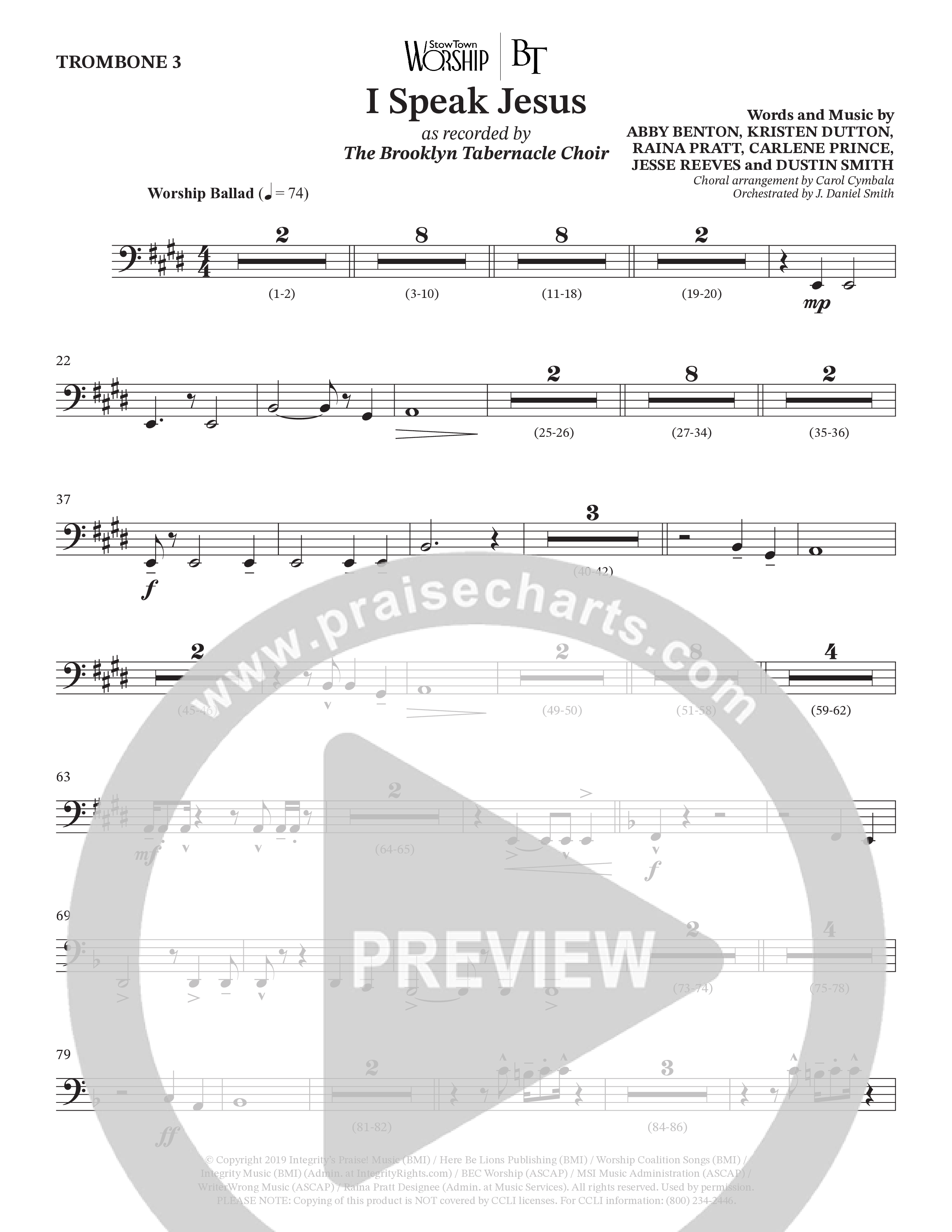 I Speak Jesus (Choral Anthem SATB) Trombone 3 (The Brooklyn Tabernacle Choir / Arr. Carol Cymbala / Orch. J. Daniel Smith)