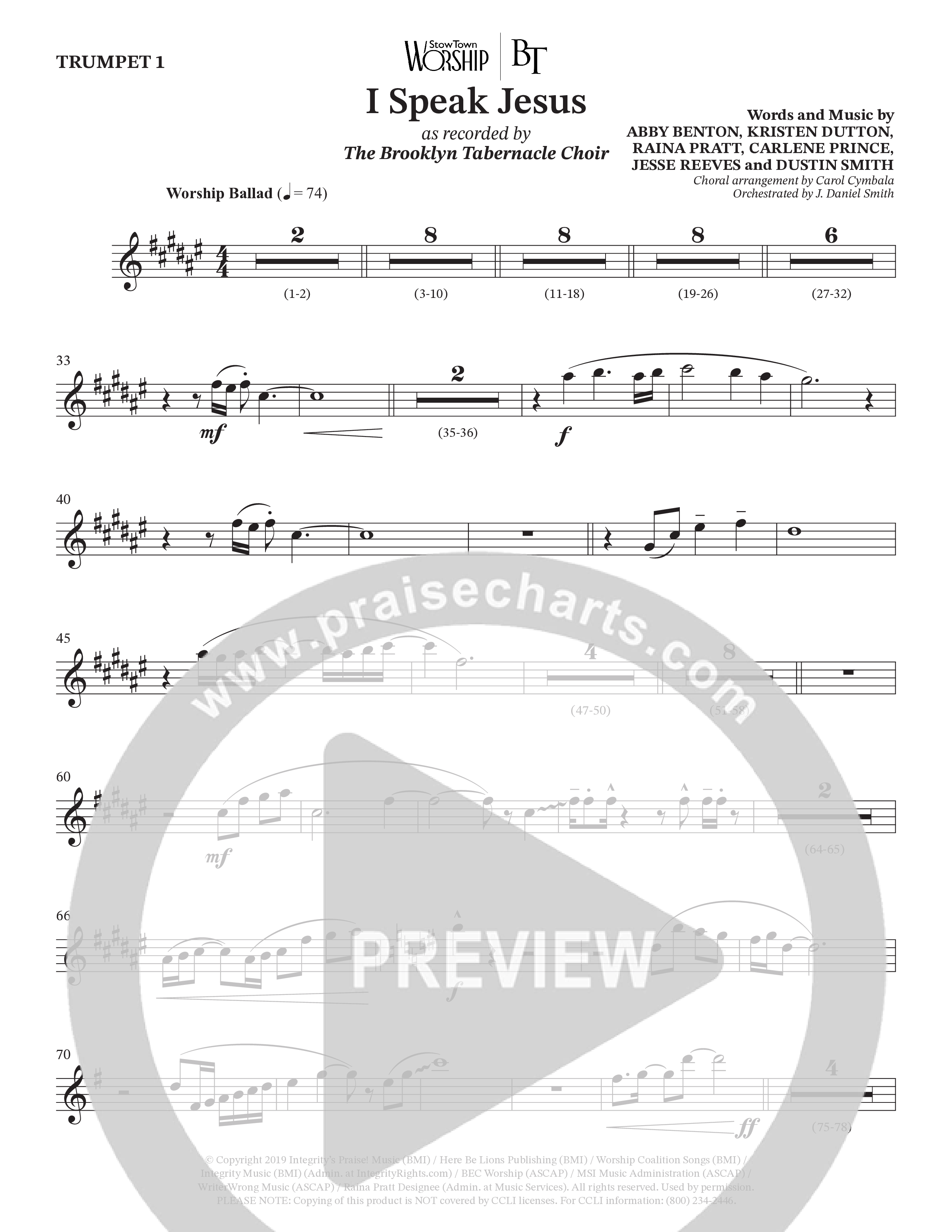 I Speak Jesus (Choral Anthem SATB) Trumpet 1 (The Brooklyn Tabernacle Choir / Arr. Carol Cymbala / Orch. J. Daniel Smith)