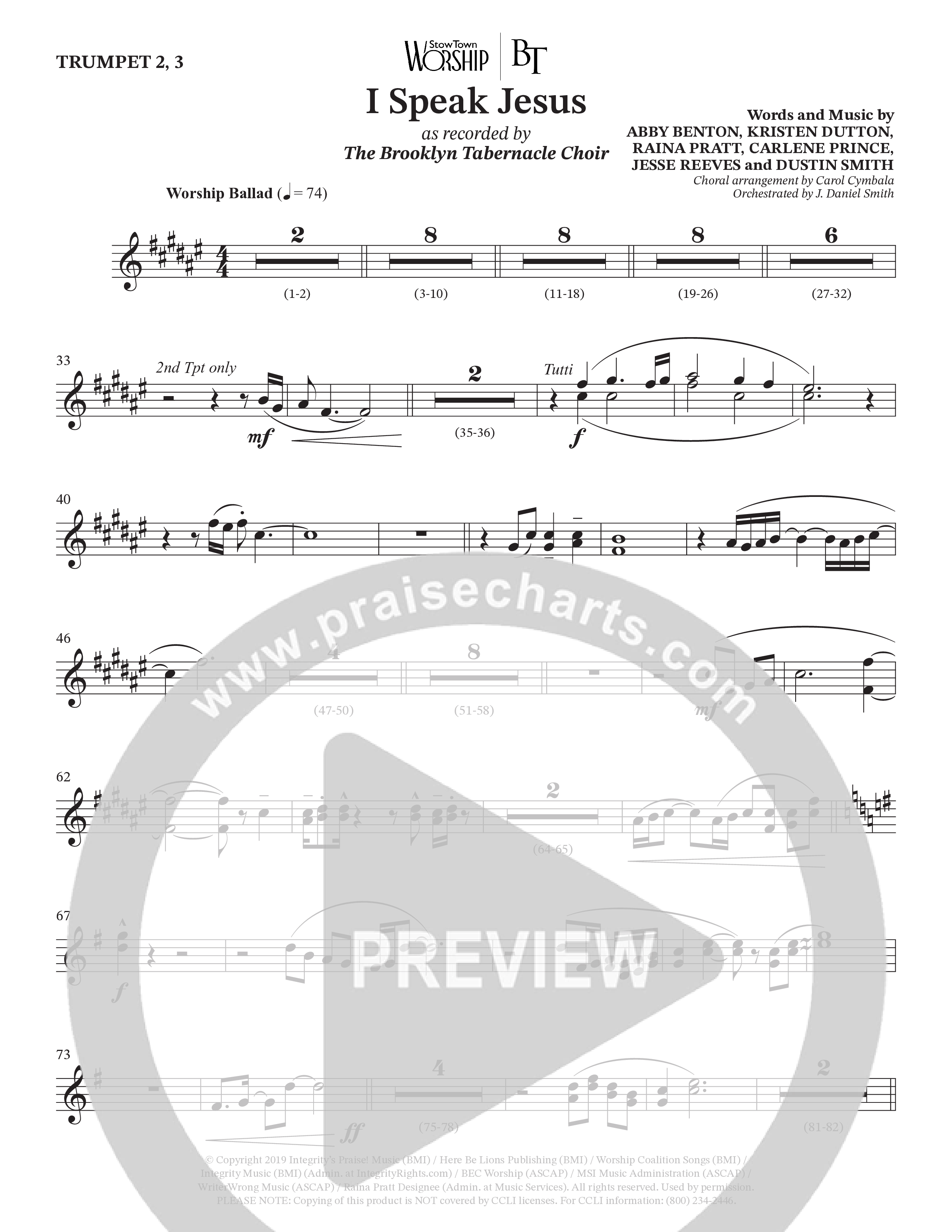 I Speak Jesus (Choral Anthem SATB) Trumpet 2/3 (The Brooklyn Tabernacle Choir / Arr. Carol Cymbala / Orch. J. Daniel Smith)