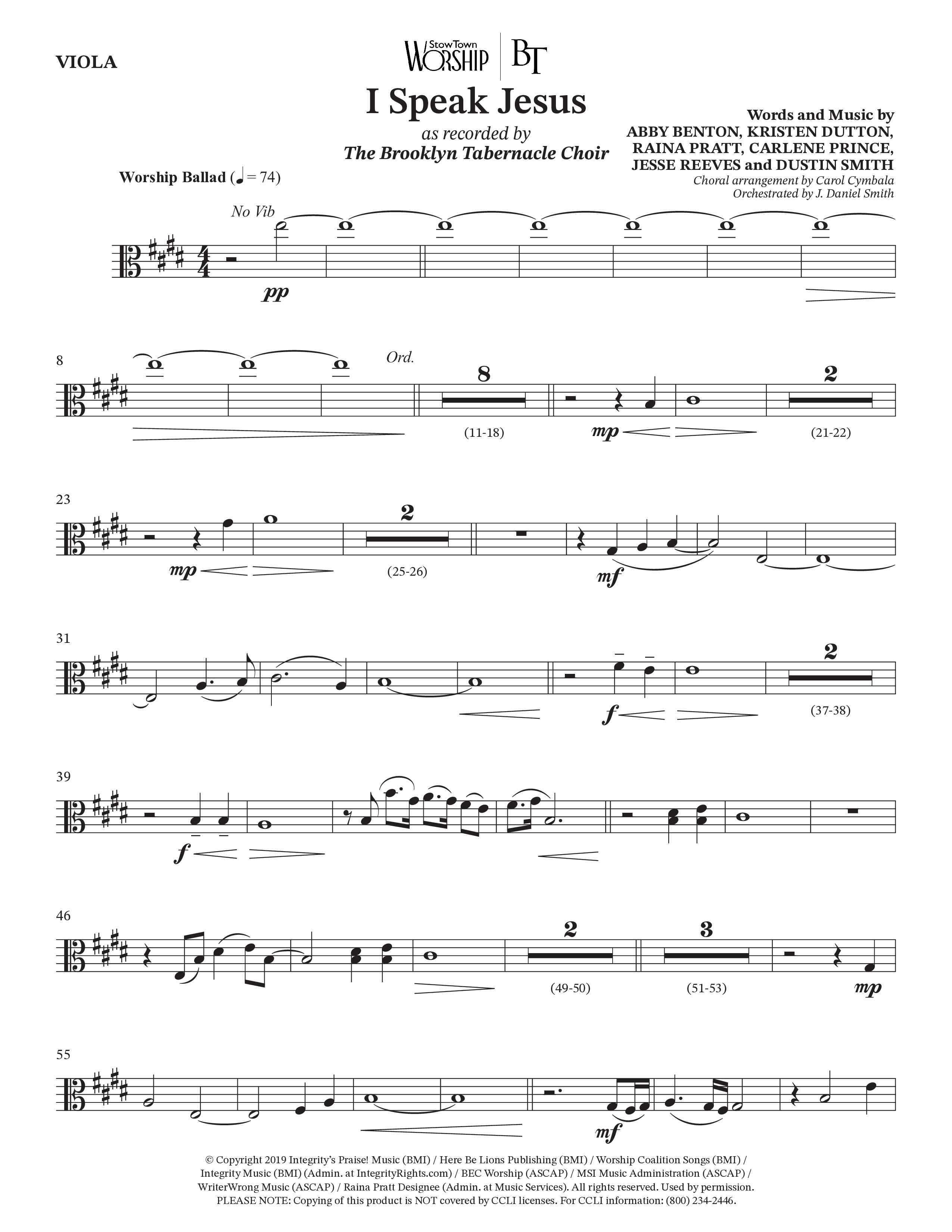 I Speak Jesus (Choral Anthem SATB) Viola (The Brooklyn Tabernacle Choir / Arr. Carol Cymbala / Orch. J. Daniel Smith)