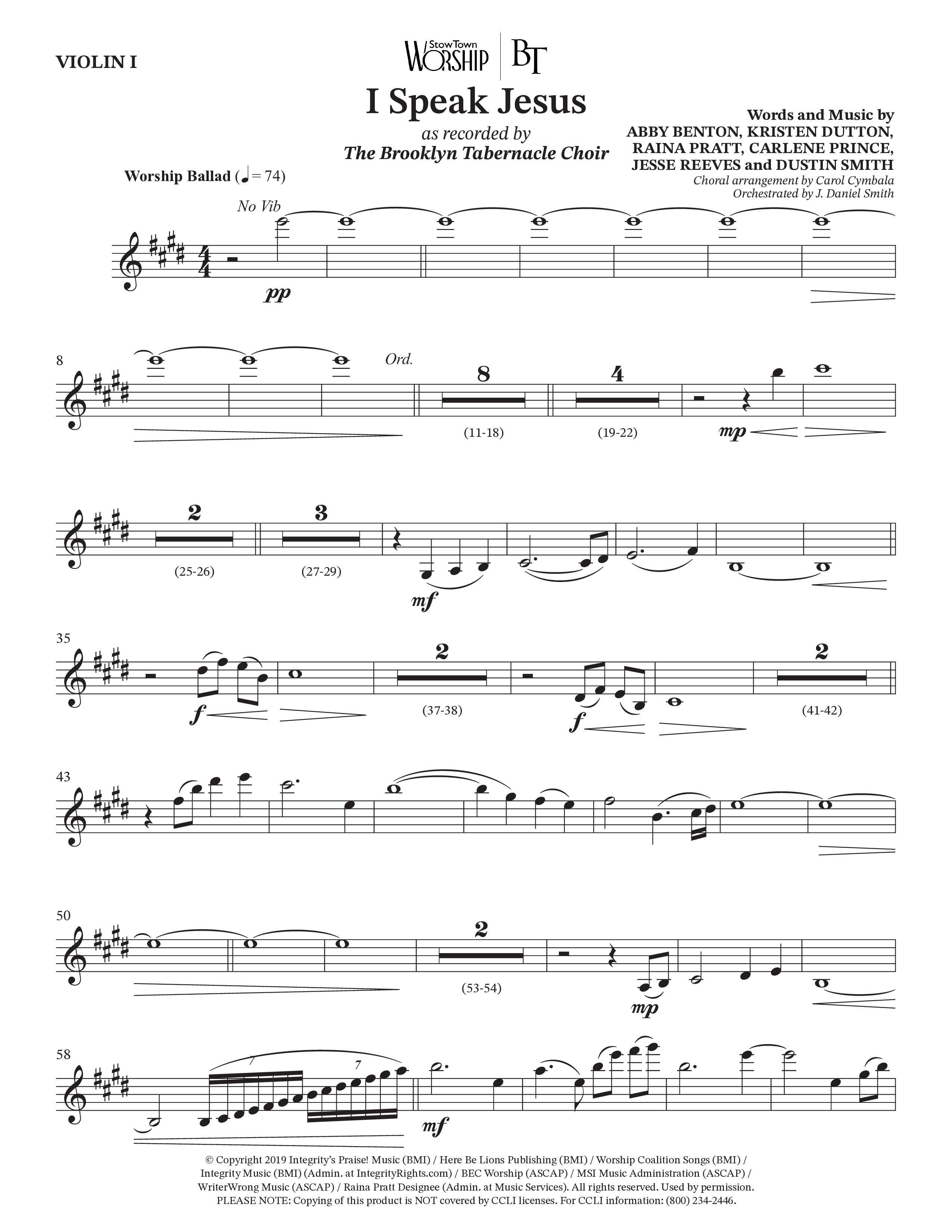 I Speak Jesus (Choral Anthem SATB) Violin 1 (The Brooklyn Tabernacle Choir / Arr. Carol Cymbala / Orch. J. Daniel Smith)