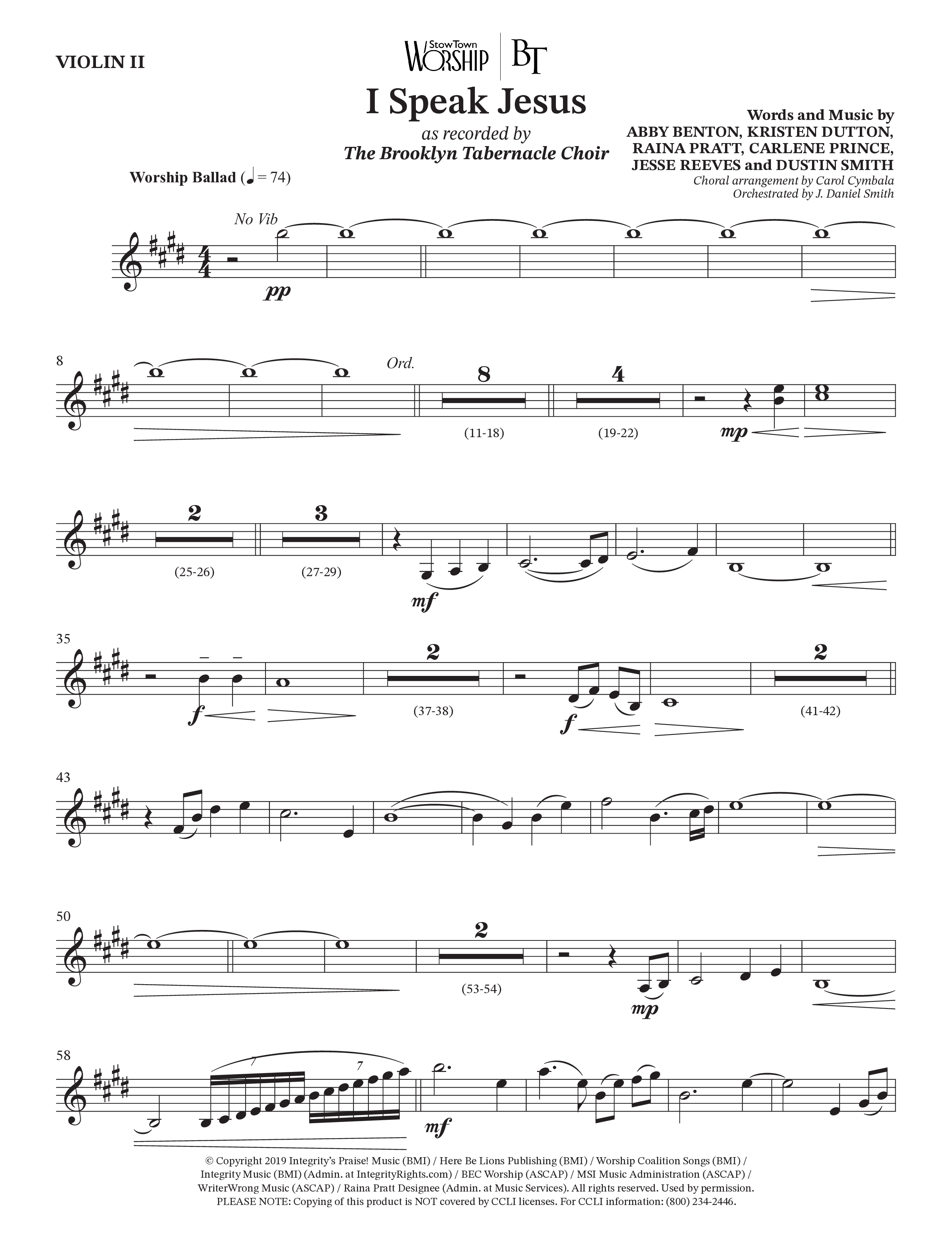 I Speak Jesus (Choral Anthem SATB) Violin 2 (The Brooklyn Tabernacle Choir / Arr. Carol Cymbala / Orch. J. Daniel Smith)