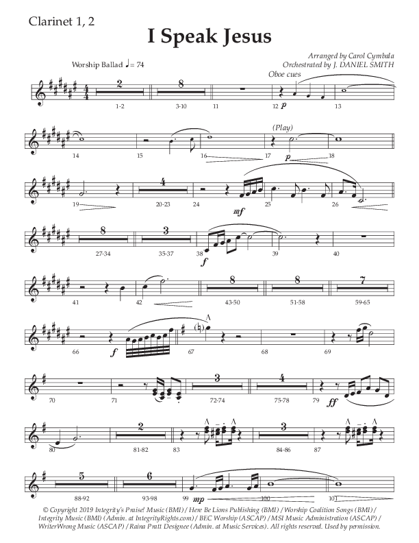 I Speak Jesus (Choral Anthem SATB) Clarinet 1/2 (The Brooklyn Tabernacle Choir / Arr. Carol Cymbala / Orch. J. Daniel Smith)