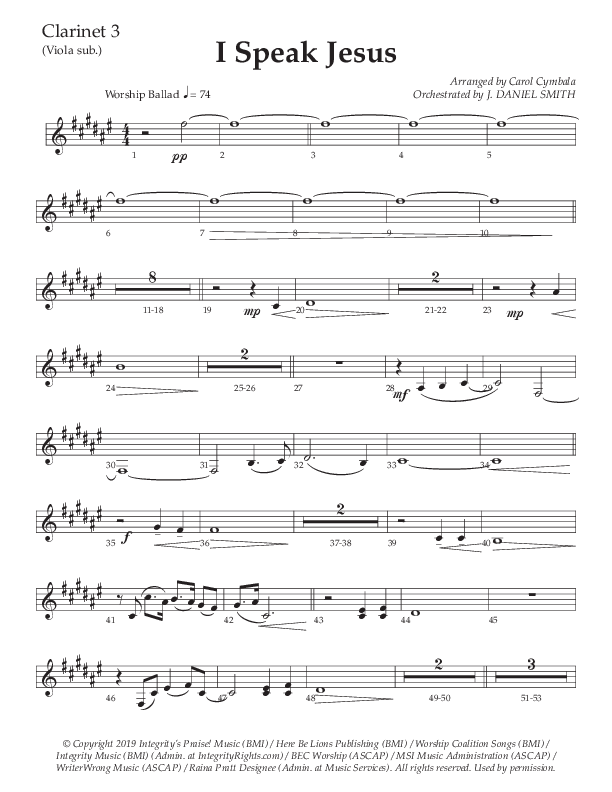 I Speak Jesus (Choral Anthem SATB) Clarinet 3 (The Brooklyn Tabernacle Choir / Arr. Carol Cymbala / Orch. J. Daniel Smith)