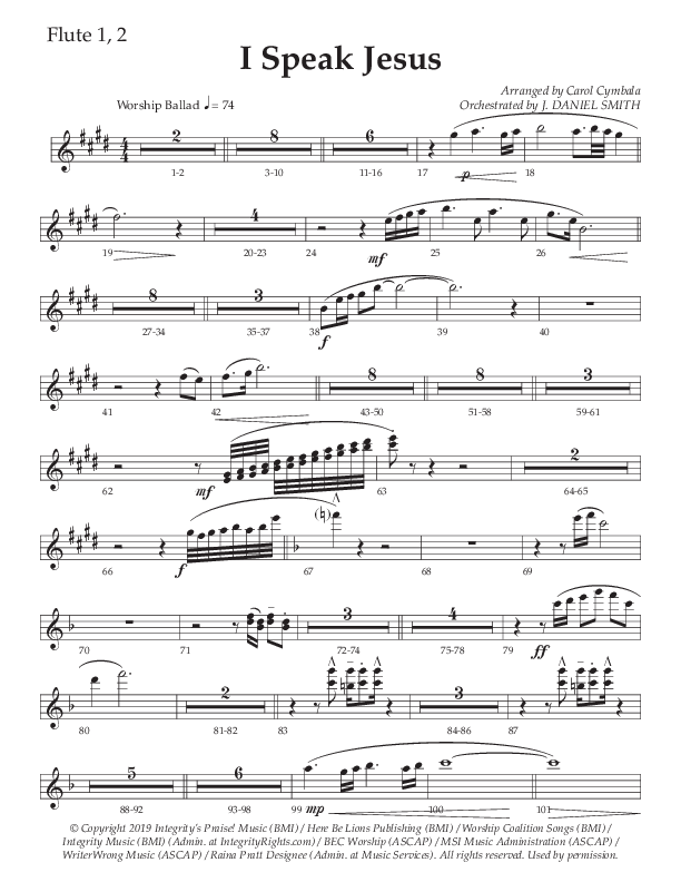 I Speak Jesus (Choral Anthem SATB) Flute 1/2 (The Brooklyn Tabernacle Choir / Arr. Carol Cymbala / Orch. J. Daniel Smith)