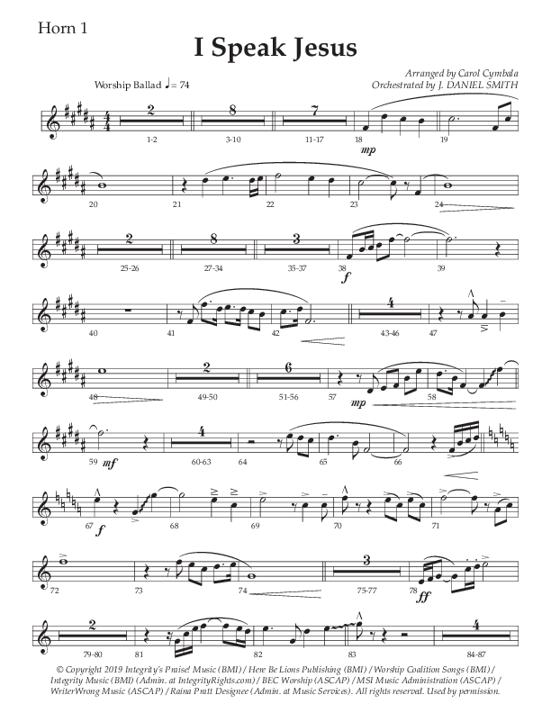 I Speak Jesus (Choral Anthem SATB) French Horn 1 (The Brooklyn Tabernacle Choir / Arr. Carol Cymbala / Orch. J. Daniel Smith)