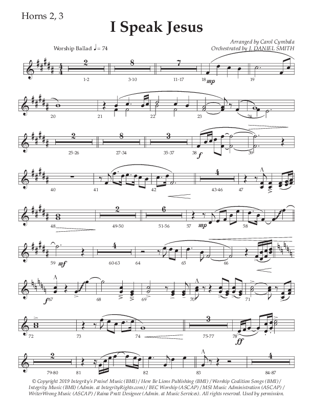 I Speak Jesus (Choral Anthem SATB) French Horn 2 (The Brooklyn Tabernacle Choir / Arr. Carol Cymbala / Orch. J. Daniel Smith)