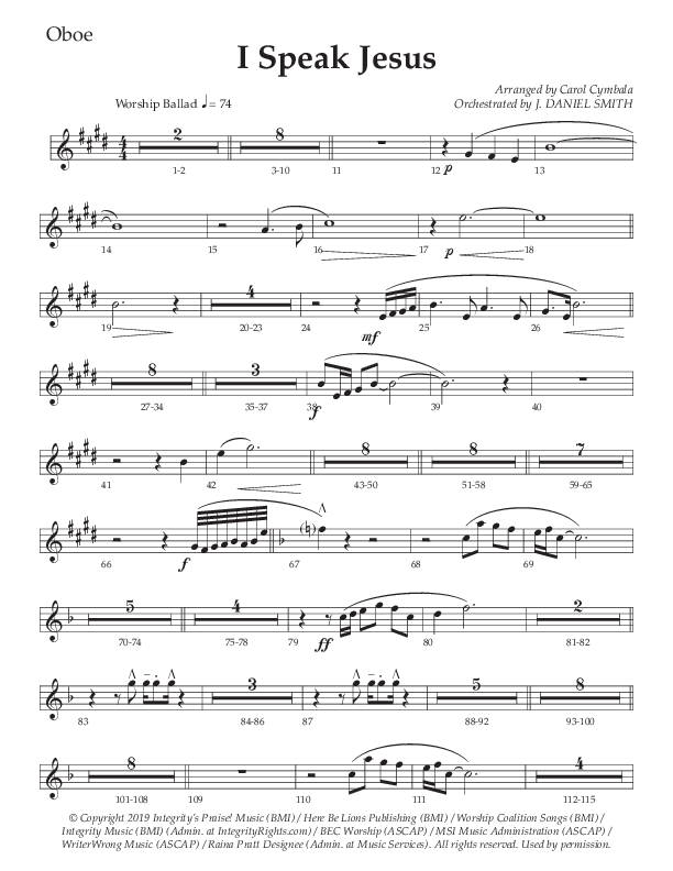 I Speak Jesus (Choral Anthem SATB) Oboe (The Brooklyn Tabernacle Choir / Arr. Carol Cymbala / Orch. J. Daniel Smith)
