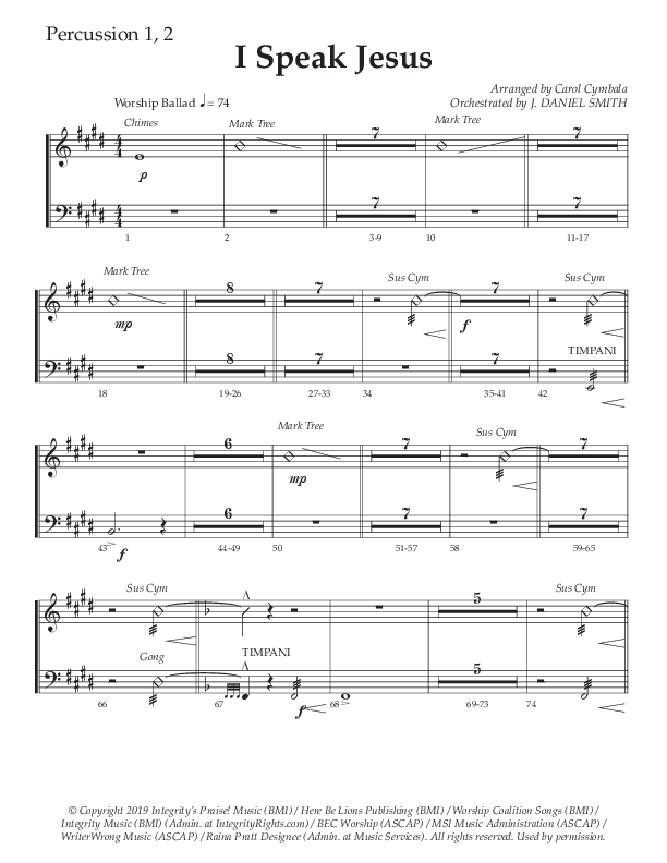 I Speak Jesus (Choral Anthem SATB) Percussion 1/2 (The Brooklyn Tabernacle Choir / Arr. Carol Cymbala / Orch. J. Daniel Smith)