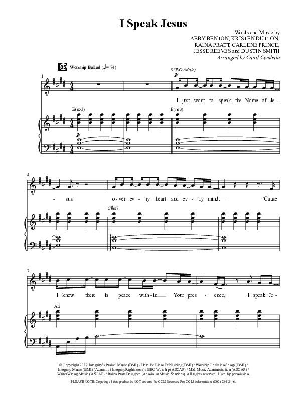 I Speak Jesus (Choral Anthem SATB) Anthem (SATB/Piano) (The Brooklyn Tabernacle Choir / Arr. Carol Cymbala / Orch. J. Daniel Smith)