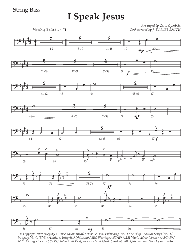 I Speak Jesus (Choral Anthem SATB) String Bass (The Brooklyn Tabernacle Choir / Arr. Carol Cymbala / Orch. J. Daniel Smith)