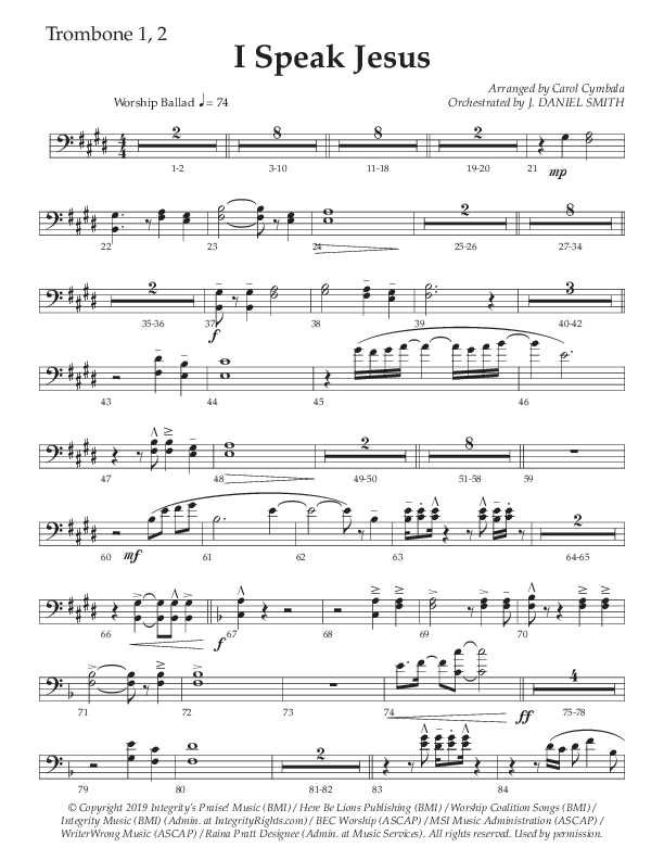 I Speak Jesus (Choral Anthem SATB) Trombone 1/2 (The Brooklyn Tabernacle Choir / Arr. Carol Cymbala / Orch. J. Daniel Smith)