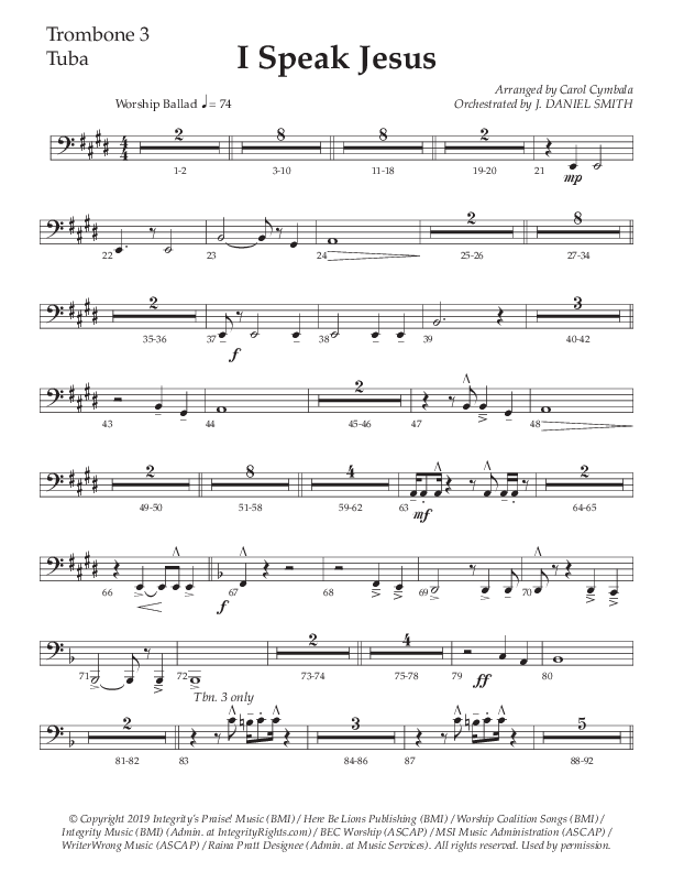 I Speak Jesus (Choral Anthem SATB) Trombone 3/Tuba (The Brooklyn Tabernacle Choir / Arr. Carol Cymbala / Orch. J. Daniel Smith)