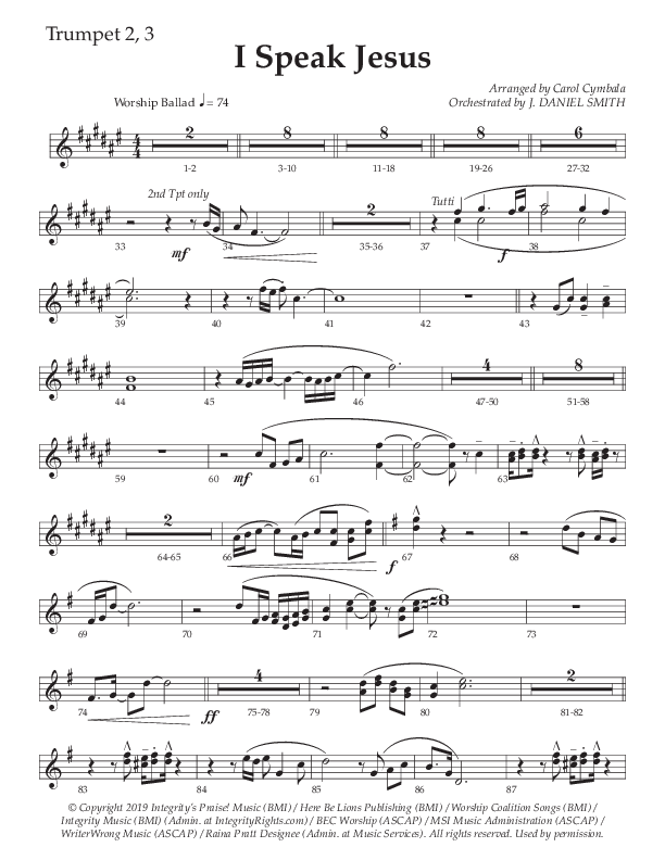 I Speak Jesus (Choral Anthem SATB) Trumpet 2/3 (The Brooklyn Tabernacle Choir / Arr. Carol Cymbala / Orch. J. Daniel Smith)