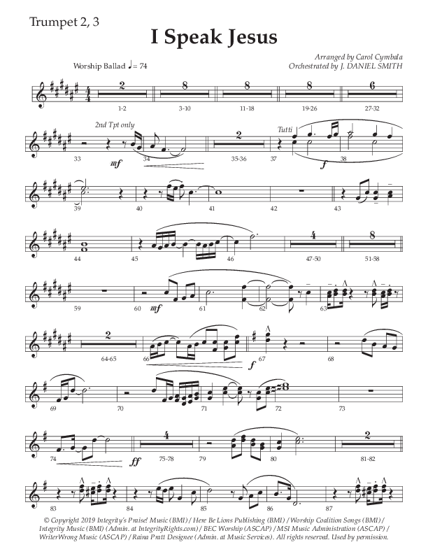 I Speak Jesus (Choral Anthem SATB) Trumpet 2/3 (The Brooklyn Tabernacle Choir / Arr. Carol Cymbala / Orch. J. Daniel Smith)