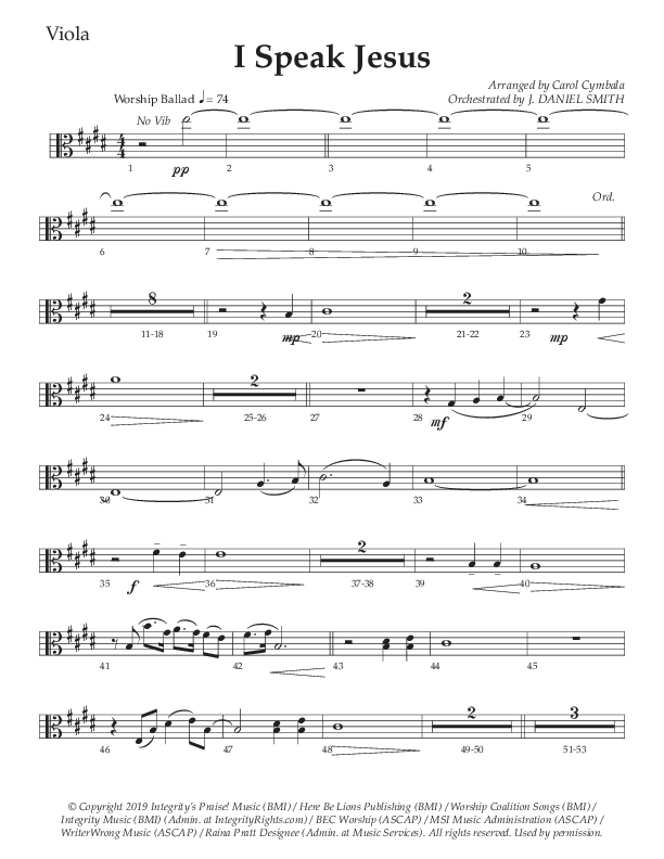 I Speak Jesus (Choral Anthem SATB) Viola (The Brooklyn Tabernacle Choir / Arr. Carol Cymbala / Orch. J. Daniel Smith)