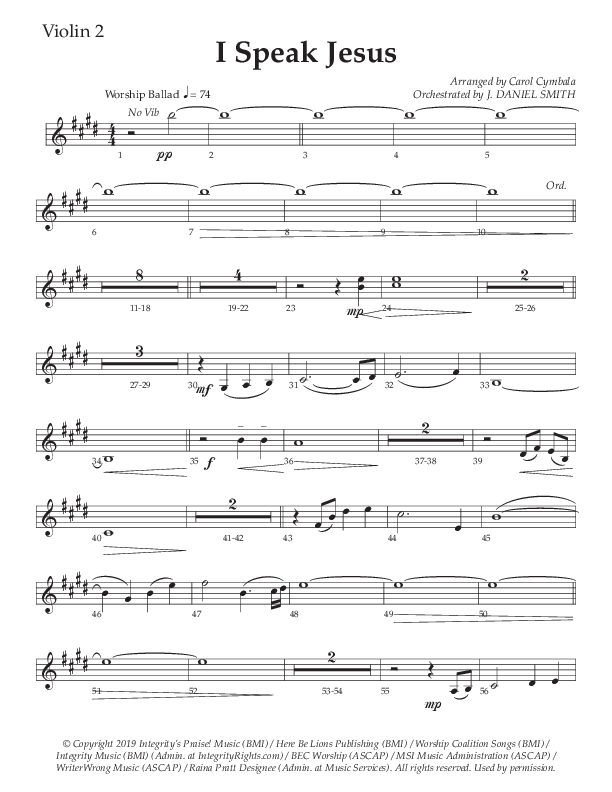 I Speak Jesus (Choral Anthem SATB) Violin 2 (The Brooklyn Tabernacle Choir / Arr. Carol Cymbala / Orch. J. Daniel Smith)