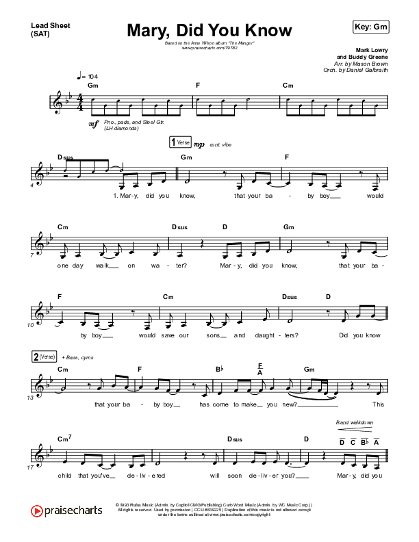 Mary Did You Know Lead Sheet (SAT) (Anne Wilson)