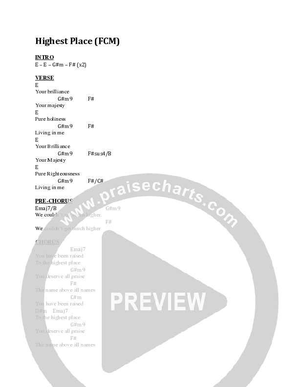Highest Place Chord Chart (Faith City Music / Tim Bowman Jr. / Sara Mia)
