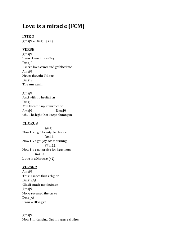Love Is A Miracle Chord Chart (Faith City Music / Tim Bowman Jr. / Sara Mia / Malcolm Brown / Eden Williams)