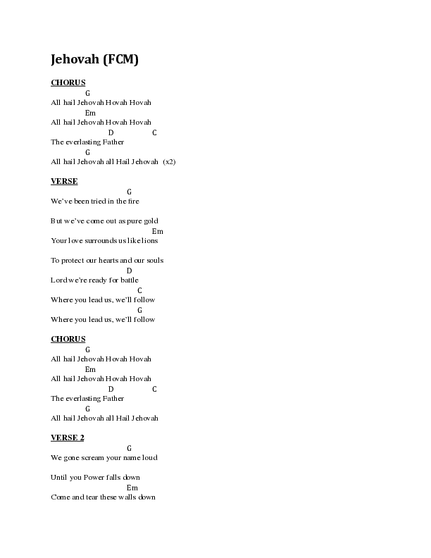 Jehovah Chord Chart (Faith City Music / Tim Bowman Jr. / Maranda Curtis / Derrick Lionel)