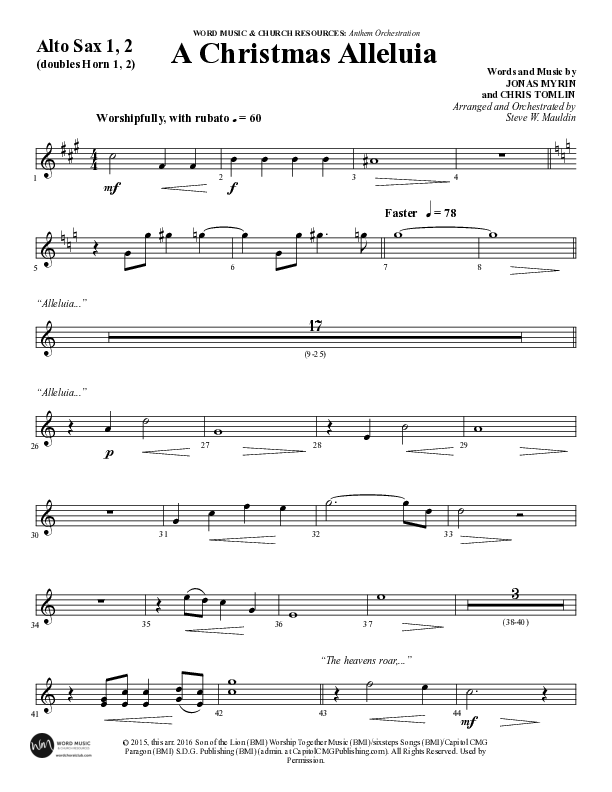 A Christmas Alleluia (Choral Anthem SATB) Alto Sax 1/2 (Word Music Choral / Arr. Steve Mauldin)