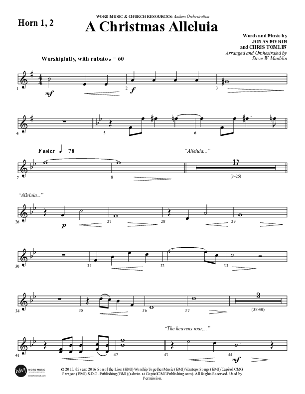 A Christmas Alleluia (Choral Anthem SATB) French Horn 1/2 (Word Music Choral / Arr. Steve Mauldin)